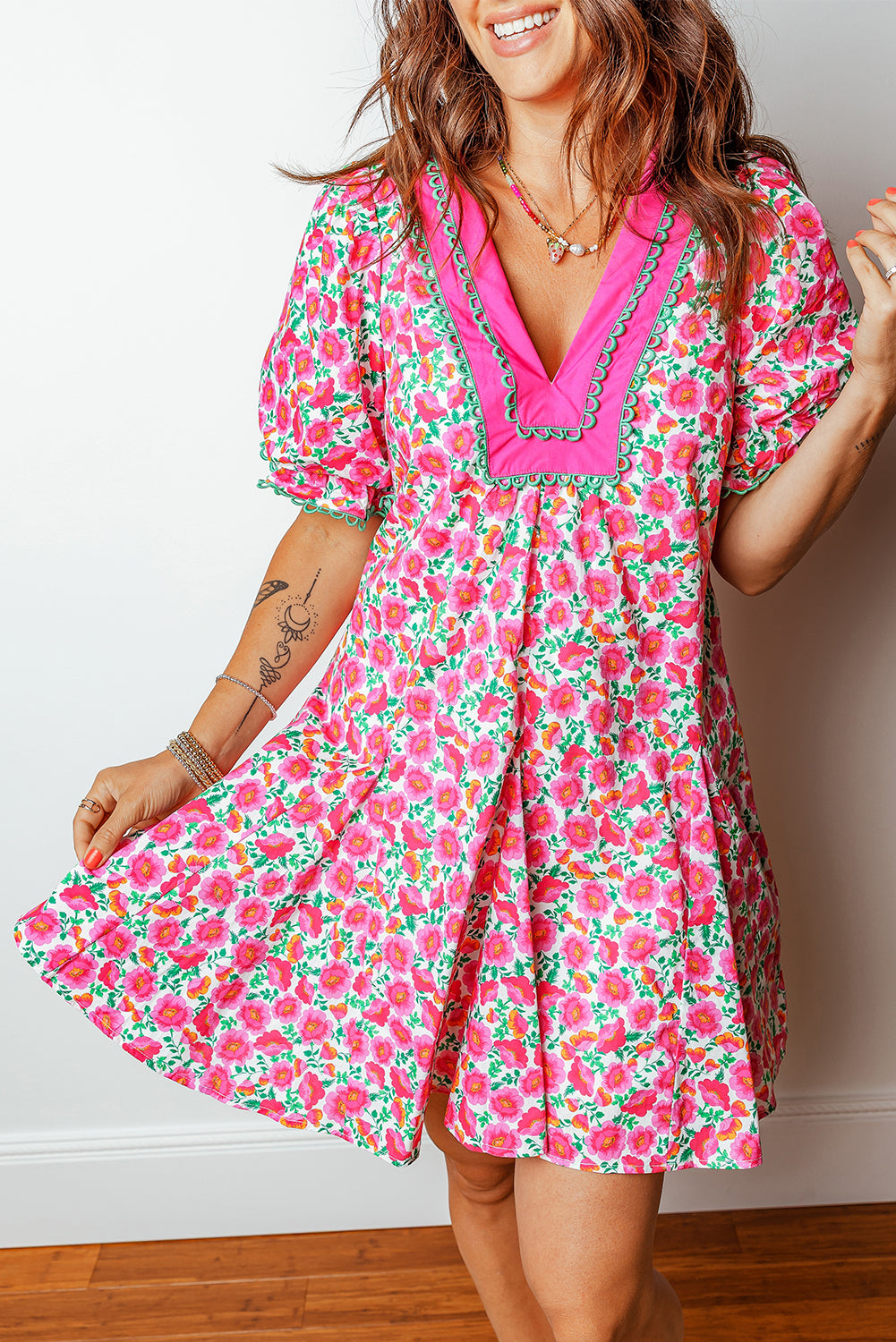 Pink Floral Print V Neck Patchwork Short Bubble Sleeve Mini Dress-Dresses/Floral Dresses-[Adult]-[Female]-Pink-S-2022 Online Blue Zone Planet