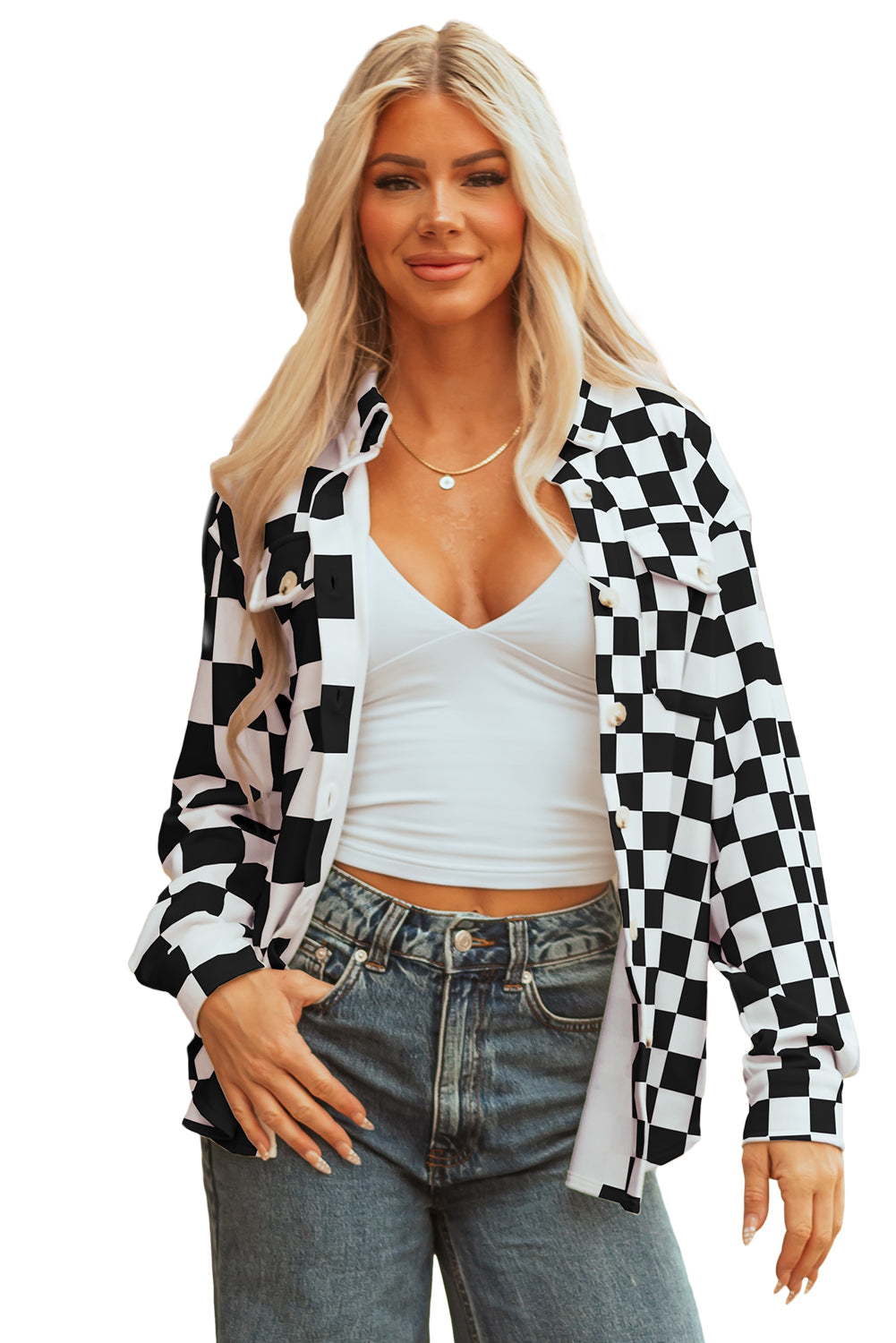 Black Checkerboard Flap Pocket Button Front Shacket-Outerwear/Plaid Shackets-[Adult]-[Female]-2022 Online Blue Zone Planet