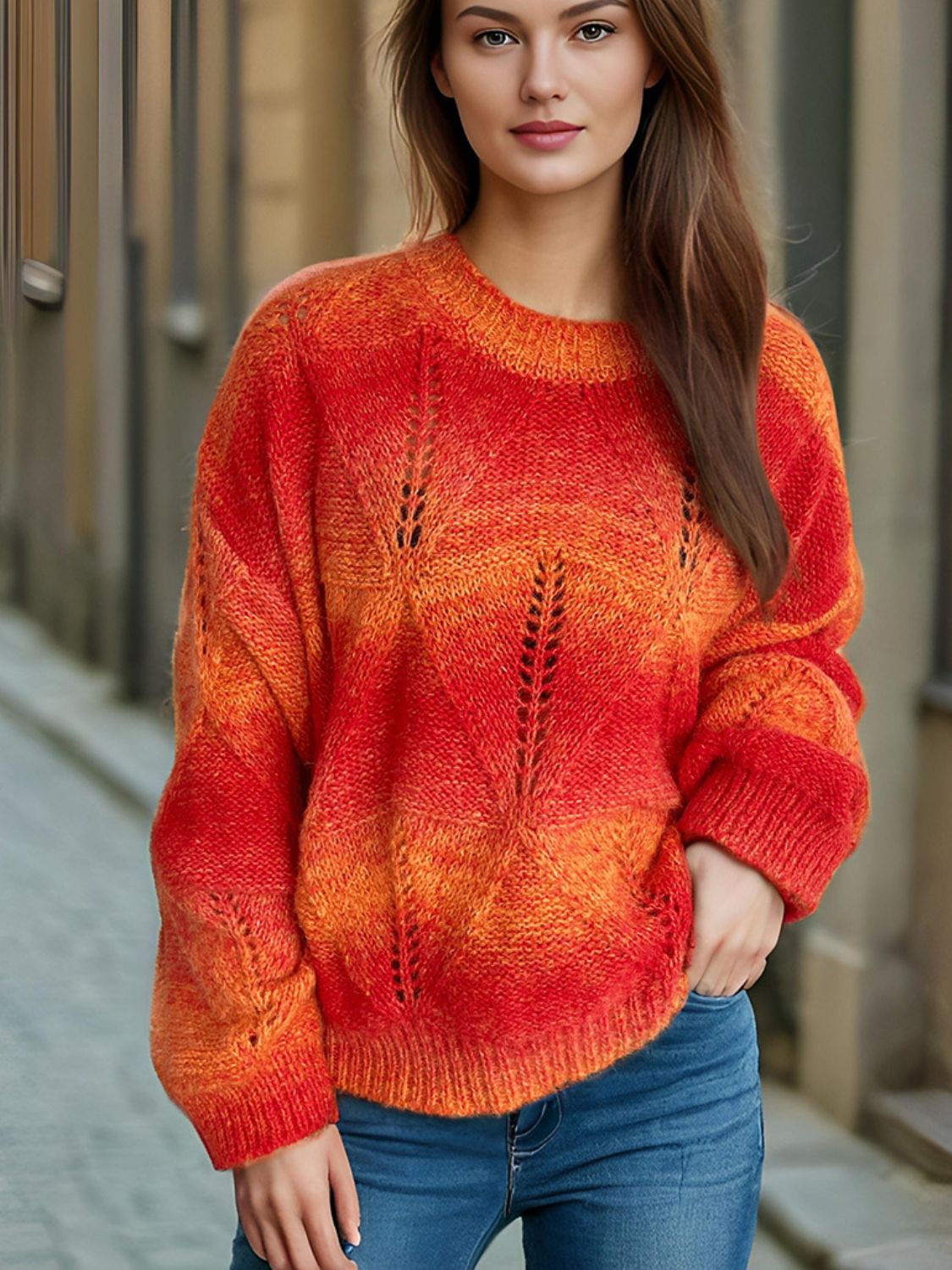 Openwork Round Neck Long Sleeve Sweater-TOPS / DRESSES-[Adult]-[Female]-Orange-One Size-2022 Online Blue Zone Planet