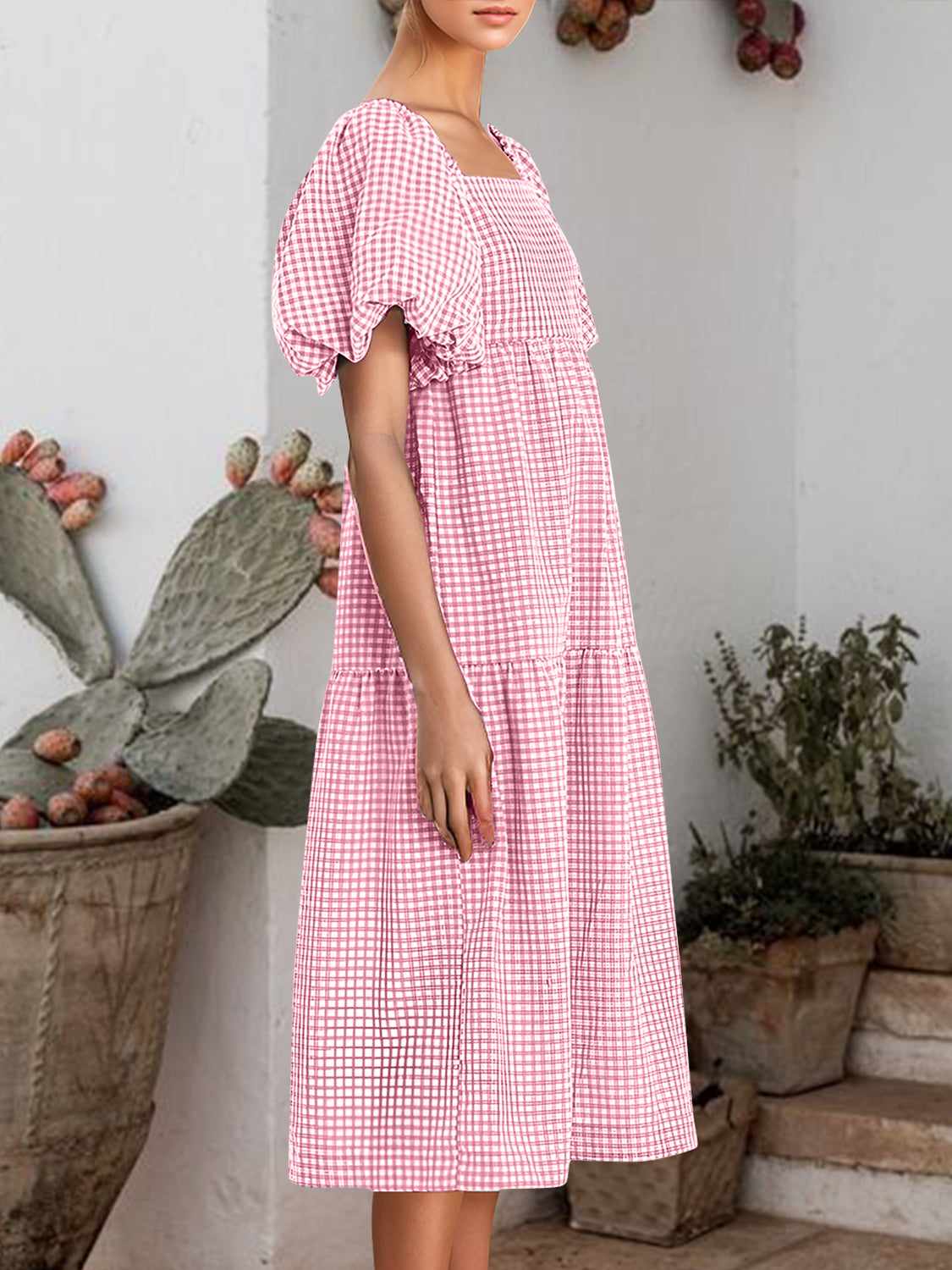 Plaid Square Neck Short Sleeve Dress-TOPS / DRESSES-[Adult]-[Female]-Dusty Pink-S-2022 Online Blue Zone Planet