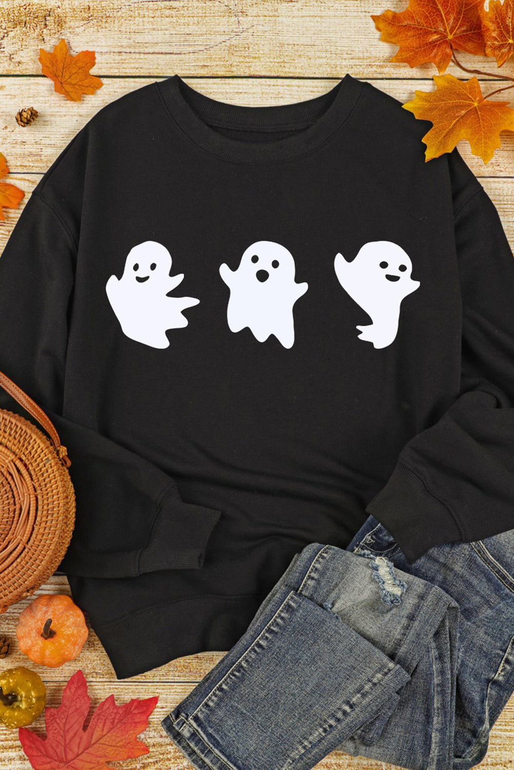 Blue Zone Planet | Ghost Round Neck Long Sleeve Sweatshirt-TOPS / DRESSES-[Adult]-[Female]-2022 Online Blue Zone Planet