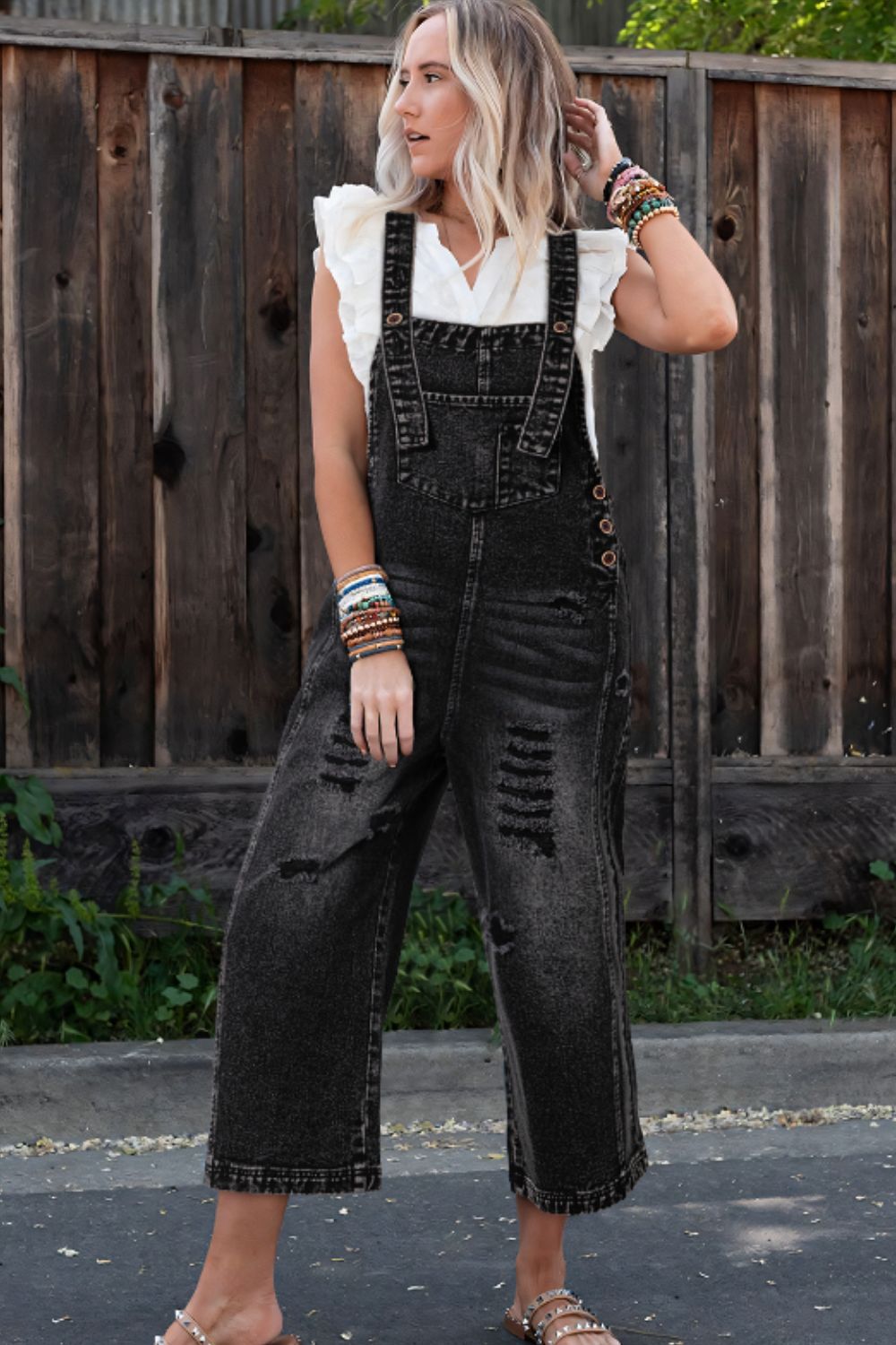 Distressed Wide Strap Denim Overalls-TOPS / DRESSES-[Adult]-[Female]-Black-S-2022 Online Blue Zone Planet