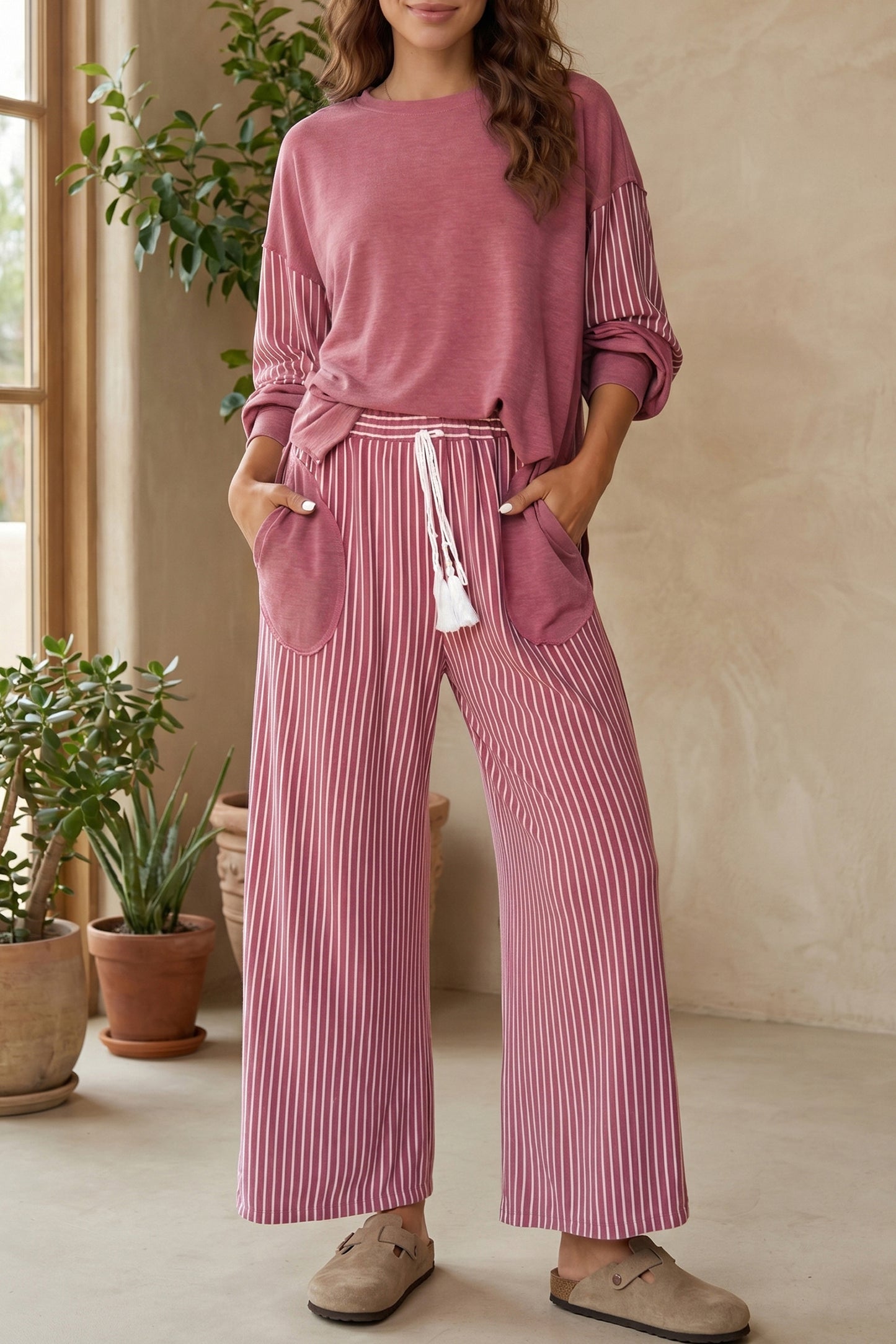 Fushia Raw Seam Patchwork Long Sleeve Top Pocket Casual Pants 2pcs Set-Two Piece Sets/Pant Sets-[Adult]-[Female]-Fushia-S-2022 Online Blue Zone Planet