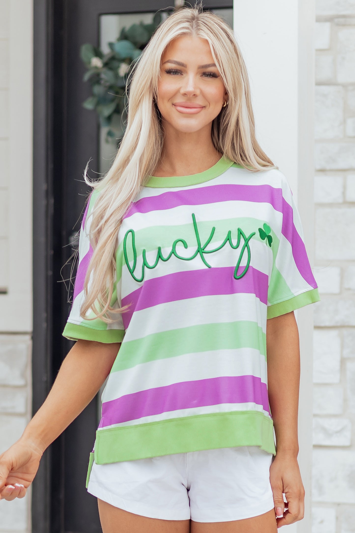 Green Stripe Lucky Clover Embroidered Graphic Dolman Loose Tee-Tops/Tops & Tees-[Adult]-[Female]-2022 Online Blue Zone Planet