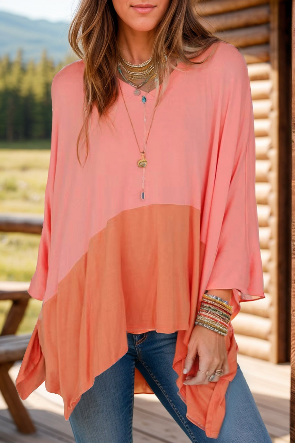 Contrast V-Neck Batwing Sleeve Blouse-TOPS / DRESSES-[Adult]-[Female]-Sherbet-S-2022 Online Blue Zone Planet