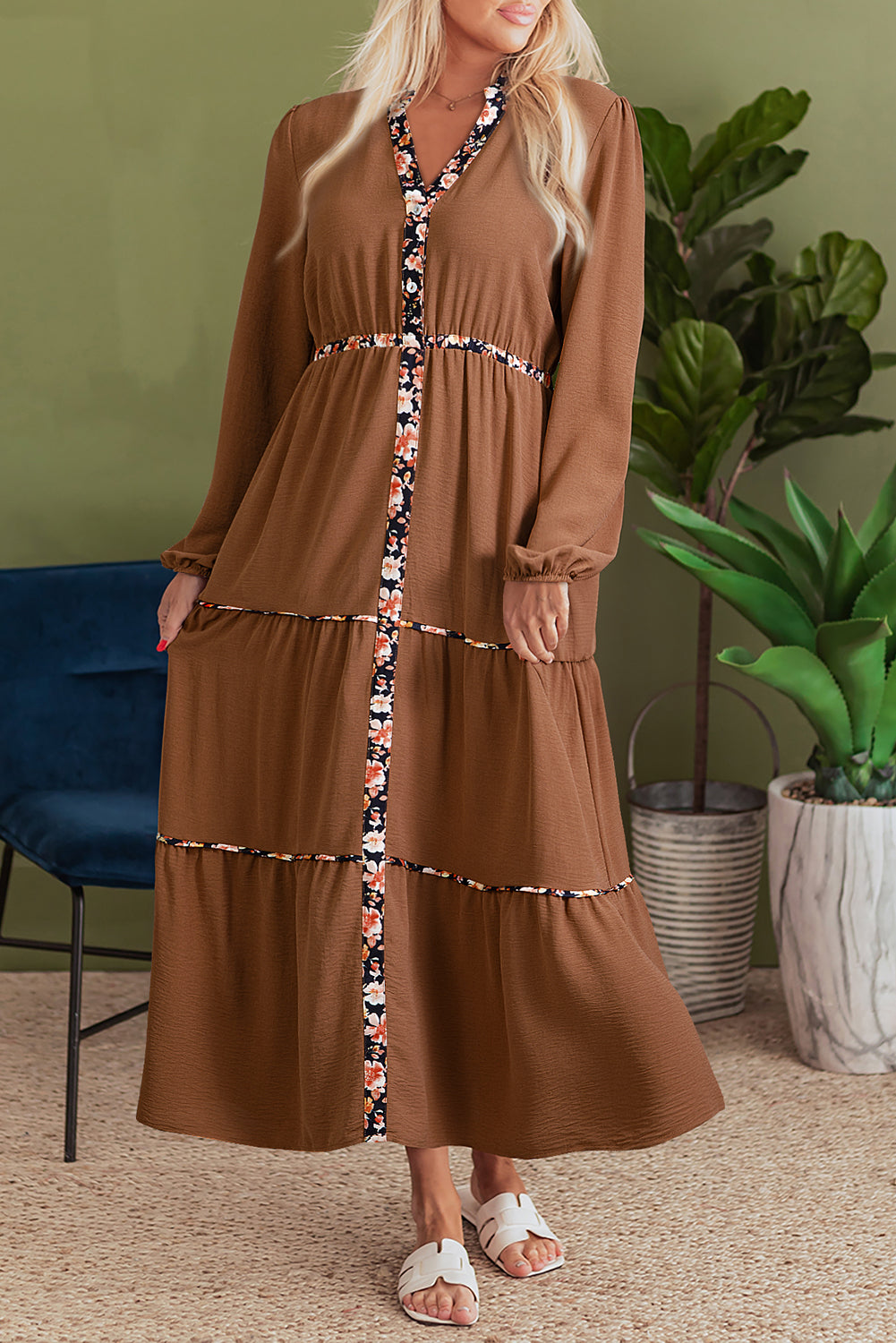 Chestnut Floral Patchwork Detail Notched Neck Long Sleeve Maxi Dress-TOPS / DRESSES-[Adult]-[Female]-Chestnut-S-2022 Online Blue Zone Planet