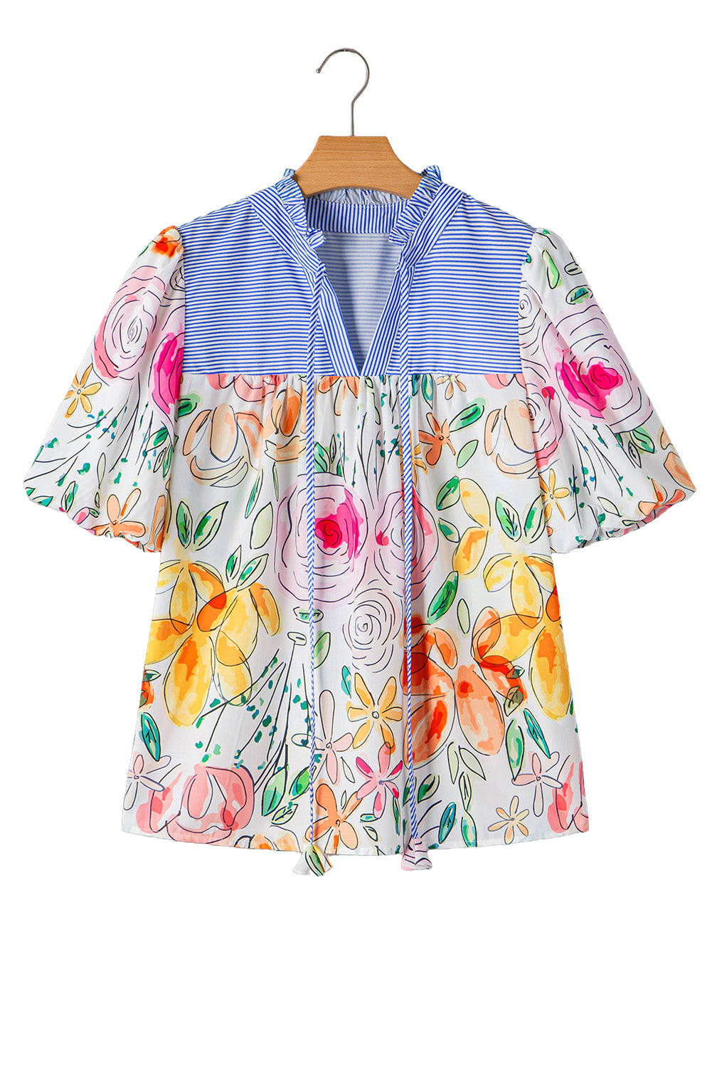 Multicolour Floral Print Striped Frill V Neck Puff Sleeve Blouse-Blouses-[Adult]-[Female]-2022 Online Blue Zone Planet