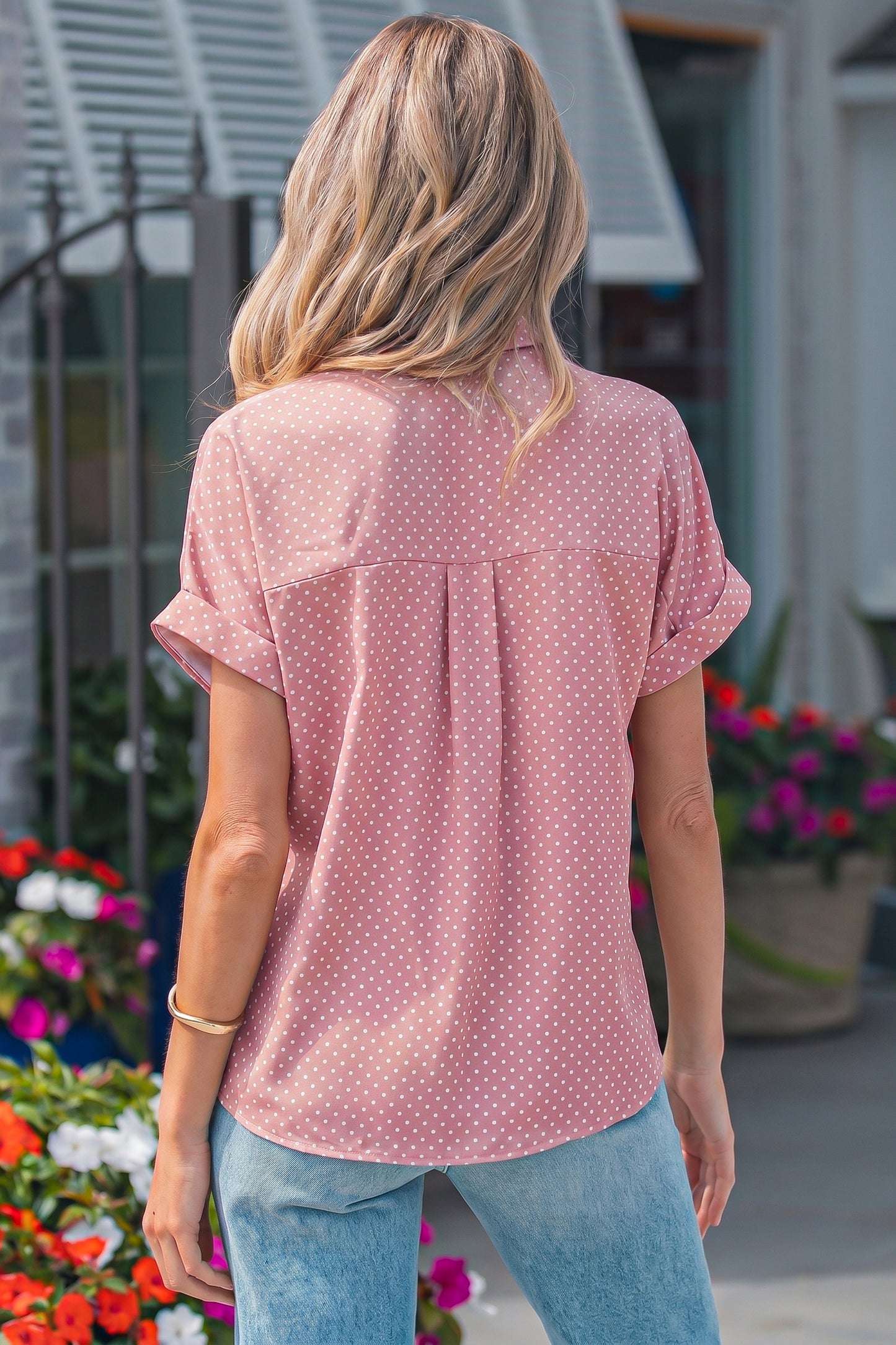 Khaki Dotted Print Cuffed Short Sleeve Shirt-Tops/Blouses & Shirts-[Adult]-[Female]-2022 Online Blue Zone Planet