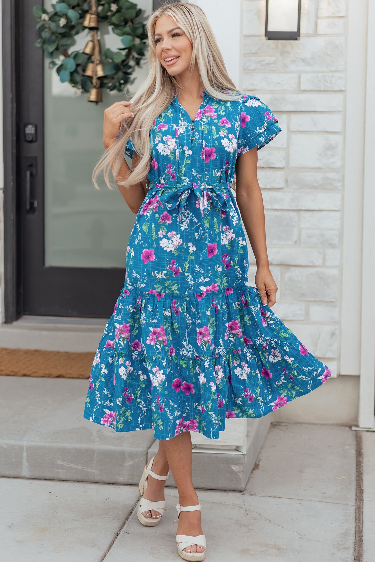 Blue Floral Flutter Sleeve Button Tie Split Neck Belted Long Dress-TOPS / DRESSES-[Adult]-[Female]-2022 Online Blue Zone Planet
