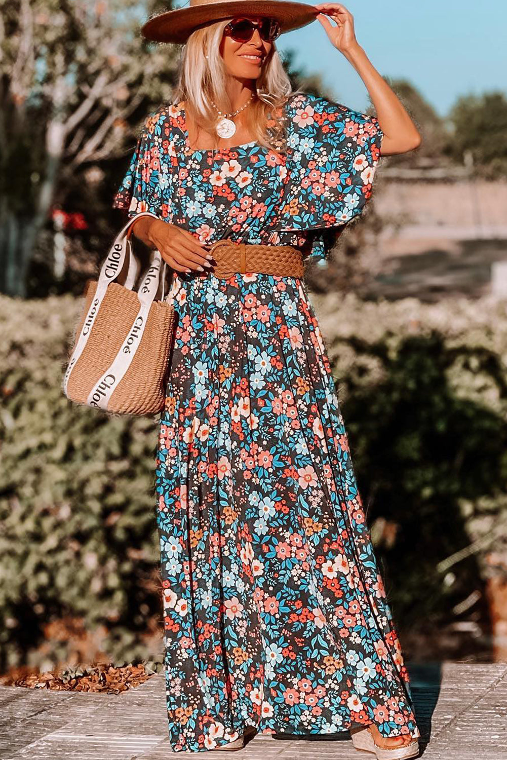 Sky Blue Boho Floral Print Knotted Backless Maxi Dress-Maxi Dresses-[Adult]-[Female]-2022 Online Blue Zone Planet