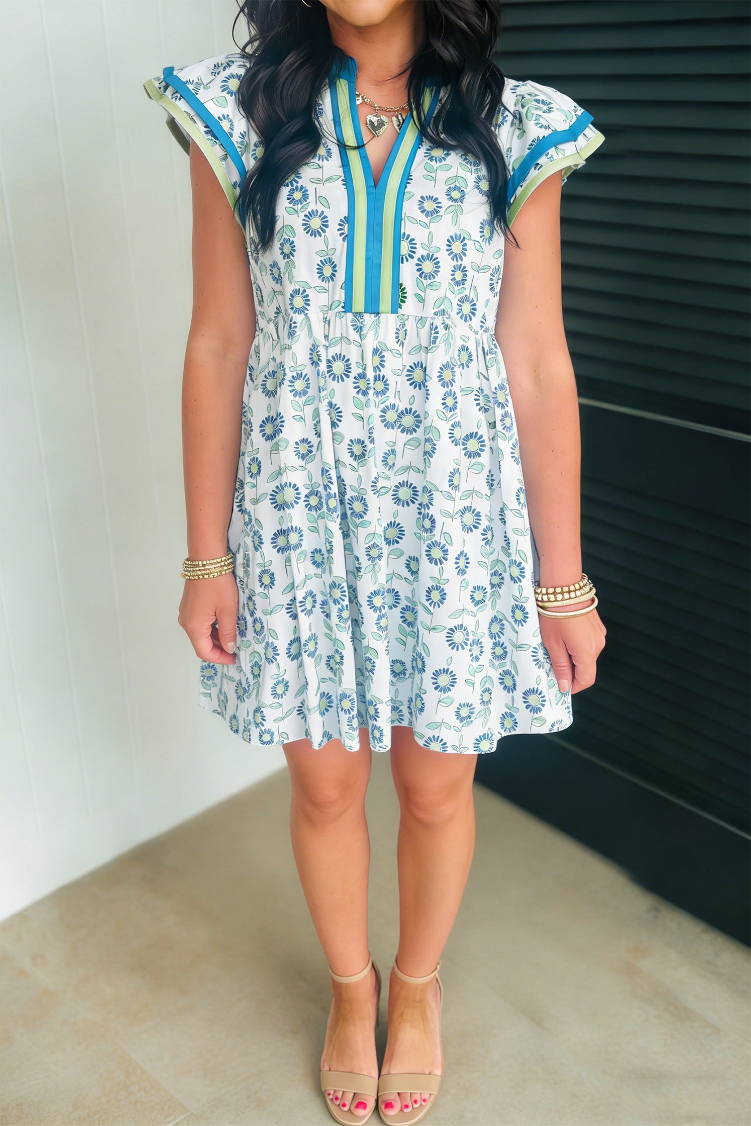 Sky Blue Floral Print Contrast Trim Flutter Sleeve Mini Dress-Dresses/Floral Dresses-[Adult]-[Female]-2022 Online Blue Zone Planet