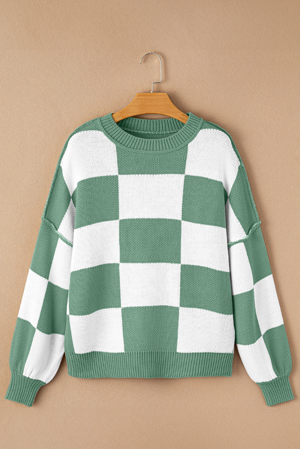 Blue Zone Planet | Pink Checked Bishop Sleeve Pullover Sweater-Sweaters-[Adult]-[Female]-2022 Online Blue Zone Planet