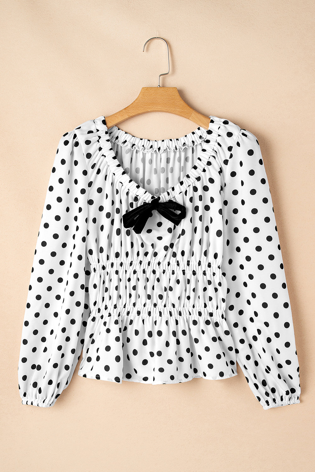 Black Polka Dot Puff Sleeve Bow Square Neck Peplum Top-Tops/Blouses & Shirts-[Adult]-[Female]-2022 Online Blue Zone Planet