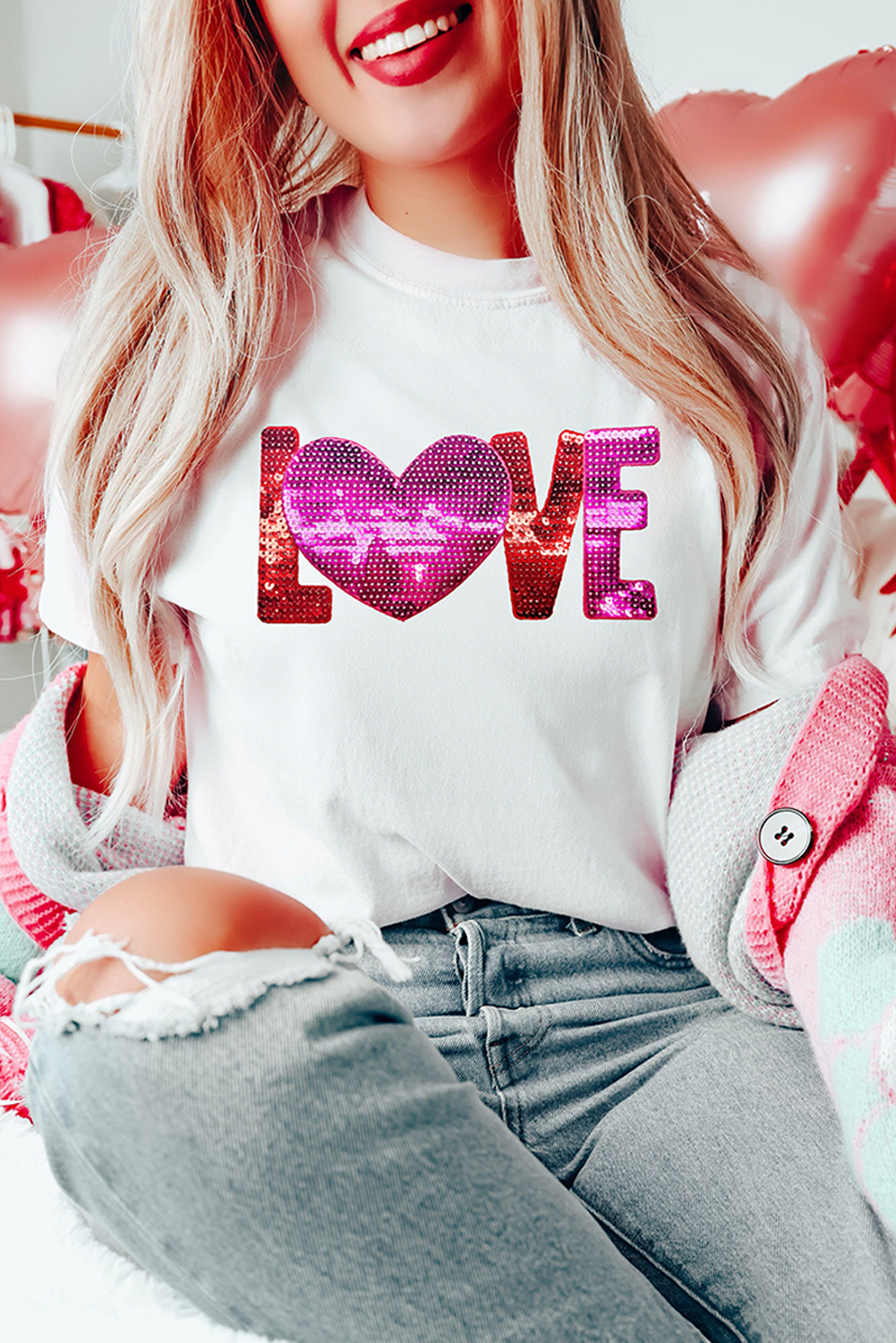 White Heart LOVE Patched Pattern Crewneck Valentines T Shirt-Graphic Tees-[Adult]-[Female]-2022 Online Blue Zone Planet