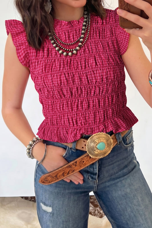 Red Plaid Shirred Ruffle Trim Tank Top-Tops/Tank Tops-[Adult]-[Female]-Red-S-2022 Online Blue Zone Planet