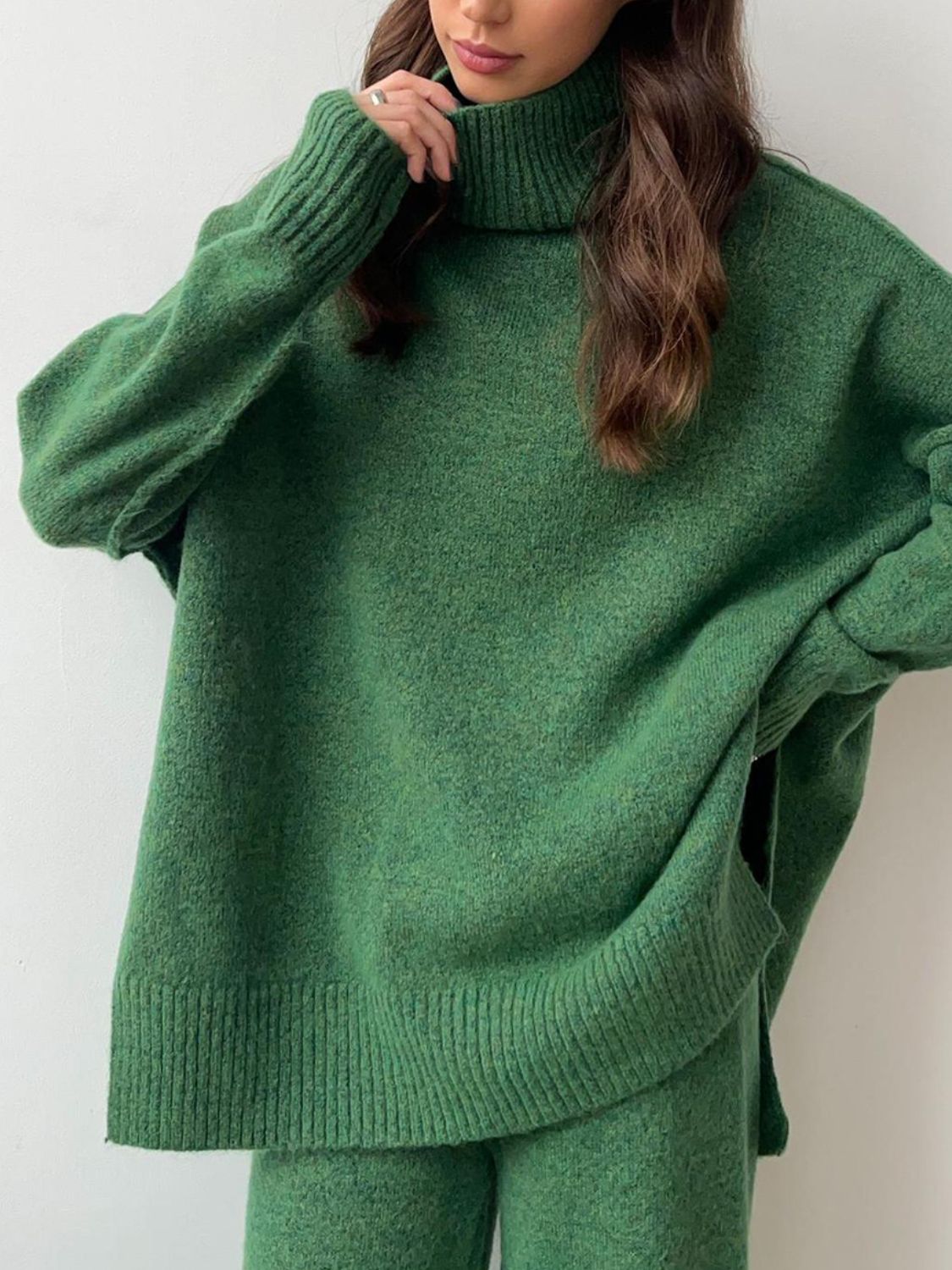 Slit Turtleneck Long Sleeve Top and Pants Sweater Set-TOPS / DRESSES-[Adult]-[Female]-Dark Green-One Size-2022 Online Blue Zone Planet