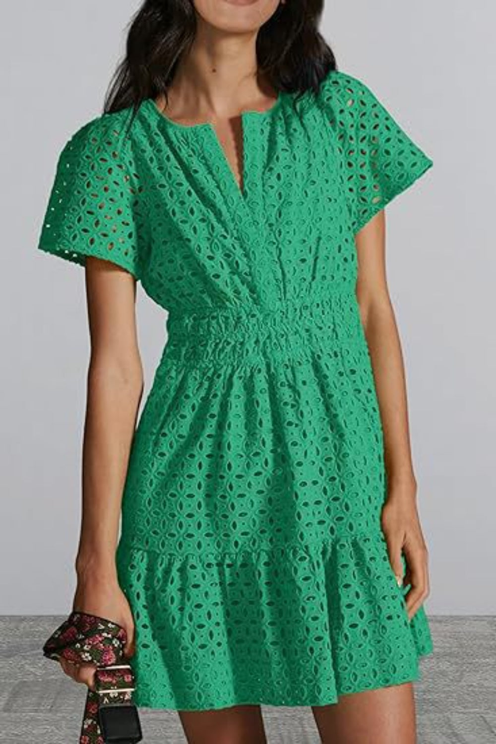 Blue Zone Planet | Eyelet Notched Short Sleeve Mini Dress-TOPS / DRESSES-[Adult]-[Female]-Green-S-2022 Online Blue Zone Planet