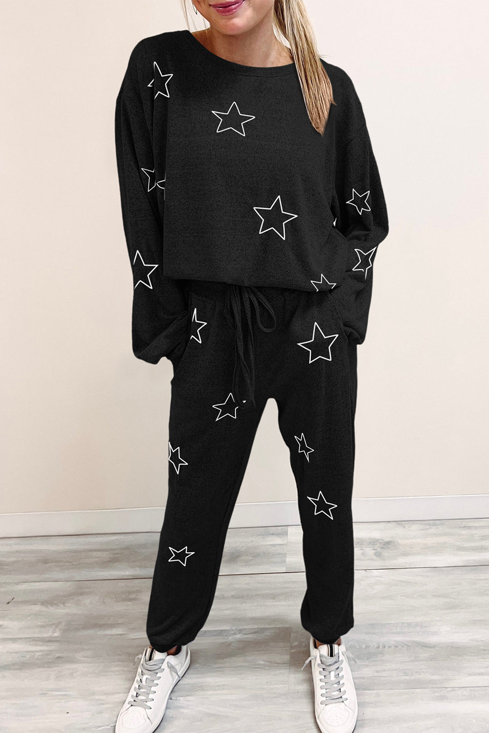 Gray Stars Print Long Sleeve Drawstring High Waist Lounge Set-Loungewear & Sleepwear/Loungewear-[Adult]-[Female]-Black-S-2022 Online Blue Zone Planet