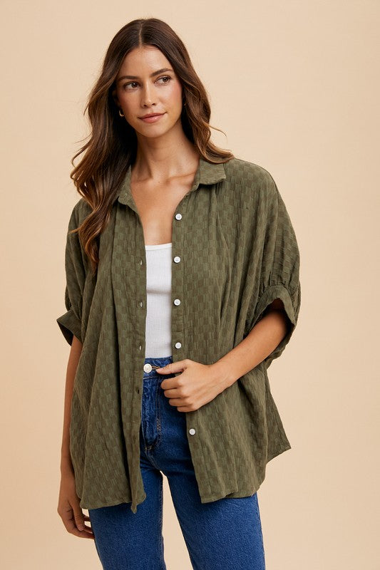 Annie Wear Checkered Button Up Half Sleeve Shirt-TOPS / DRESSES-[Adult]-[Female]-Olive-S-2022 Online Blue Zone Planet