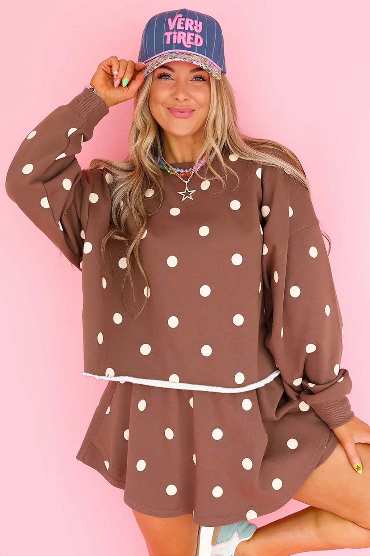 Brown Polka Dot Raw Hem Relaxed Pullover Loose Skort Two Piece Set-Two Piece Sets/Short Sets-[Adult]-[Female]-2022 Online Blue Zone Planet
