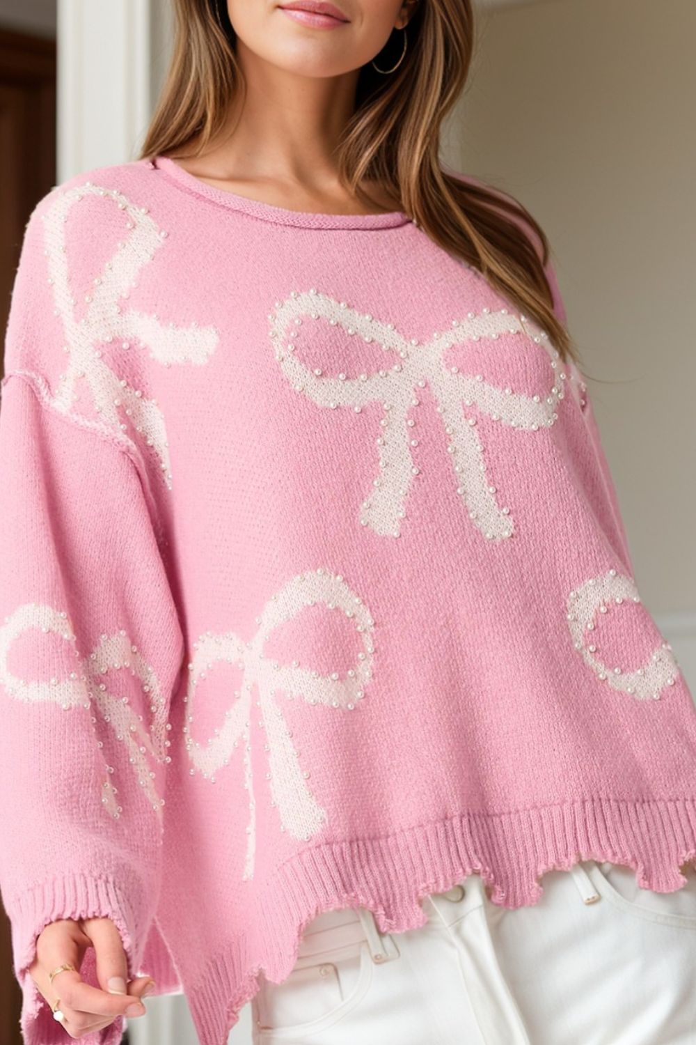 Pearl Detail Bow Round Neck Long Sleeve Sweater-TOPS / DRESSES-[Adult]-[Female]-Dusty Pink-S-2022 Online Blue Zone Planet