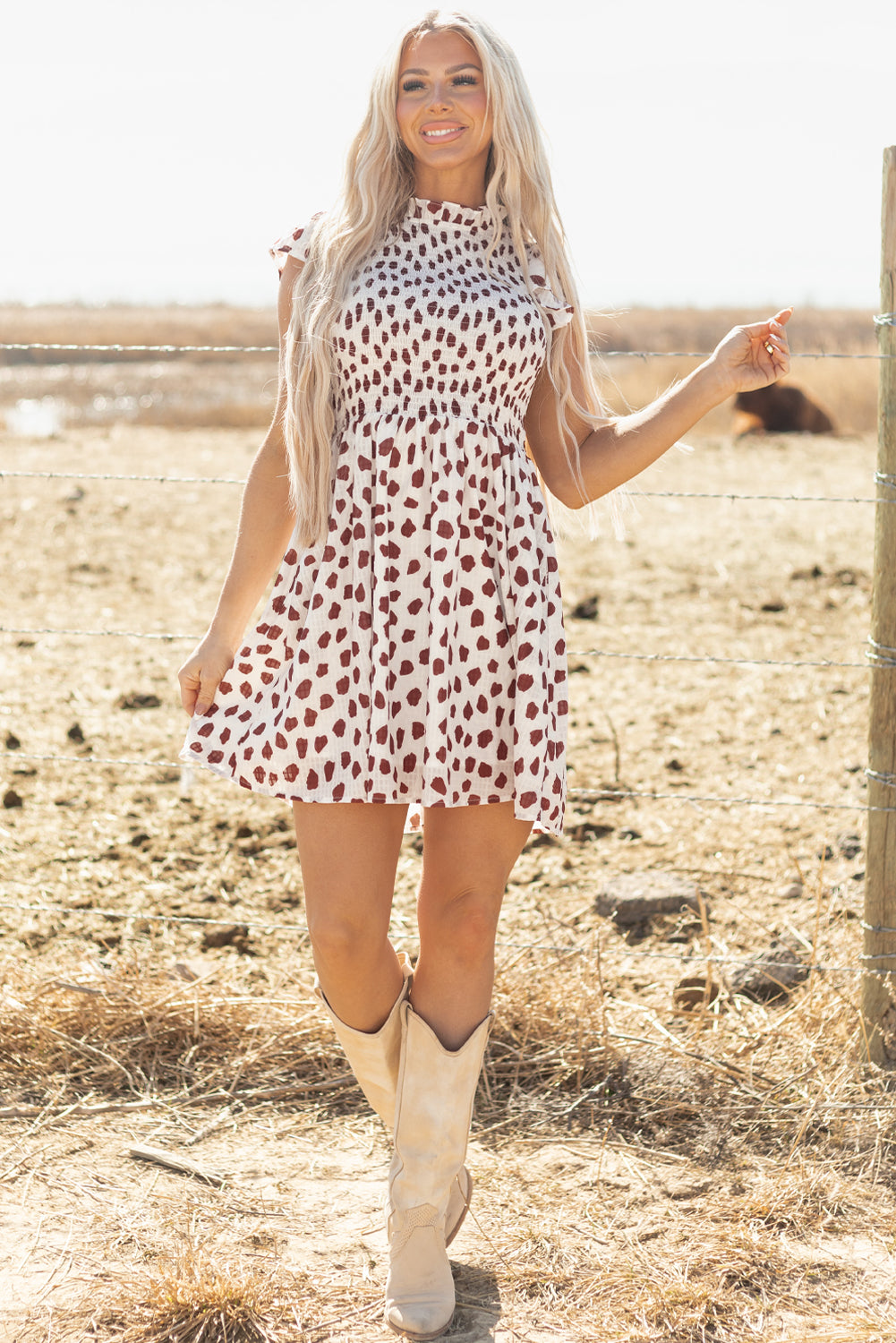 Brown Abstract Printed Flutter Sleeve Smocked Bodice Short Dress-TOPS / DRESSES-[Adult]-[Female]-2022 Online Blue Zone Planet