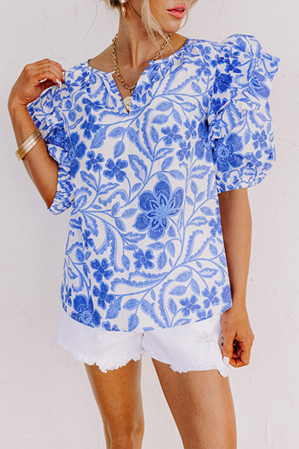 Dark Blue Floral Print Ruffled Bubble Sleeve Blouse-Tops/Blouses & Shirts-[Adult]-[Female]-Dark Blue-S-2022 Online Blue Zone Planet