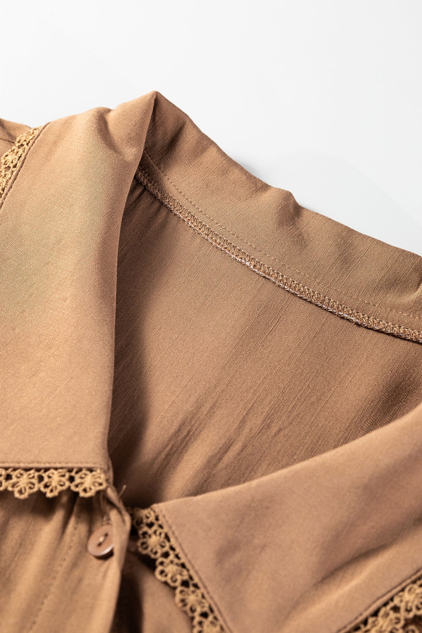 Straw Yellow Lace Trim Peter Pan Collar Long Sleeve Mini Shirt Dress-TOPS / DRESSES-[Adult]-[Female]-2022 Online Blue Zone Planet