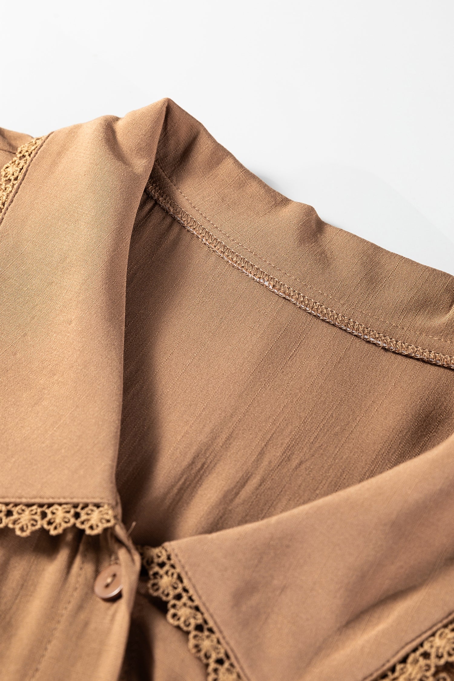 Straw Yellow Lace Trim Peter Pan Collar Long Sleeve Mini Shirt Dress-TOPS / DRESSES-[Adult]-[Female]-2022 Online Blue Zone Planet