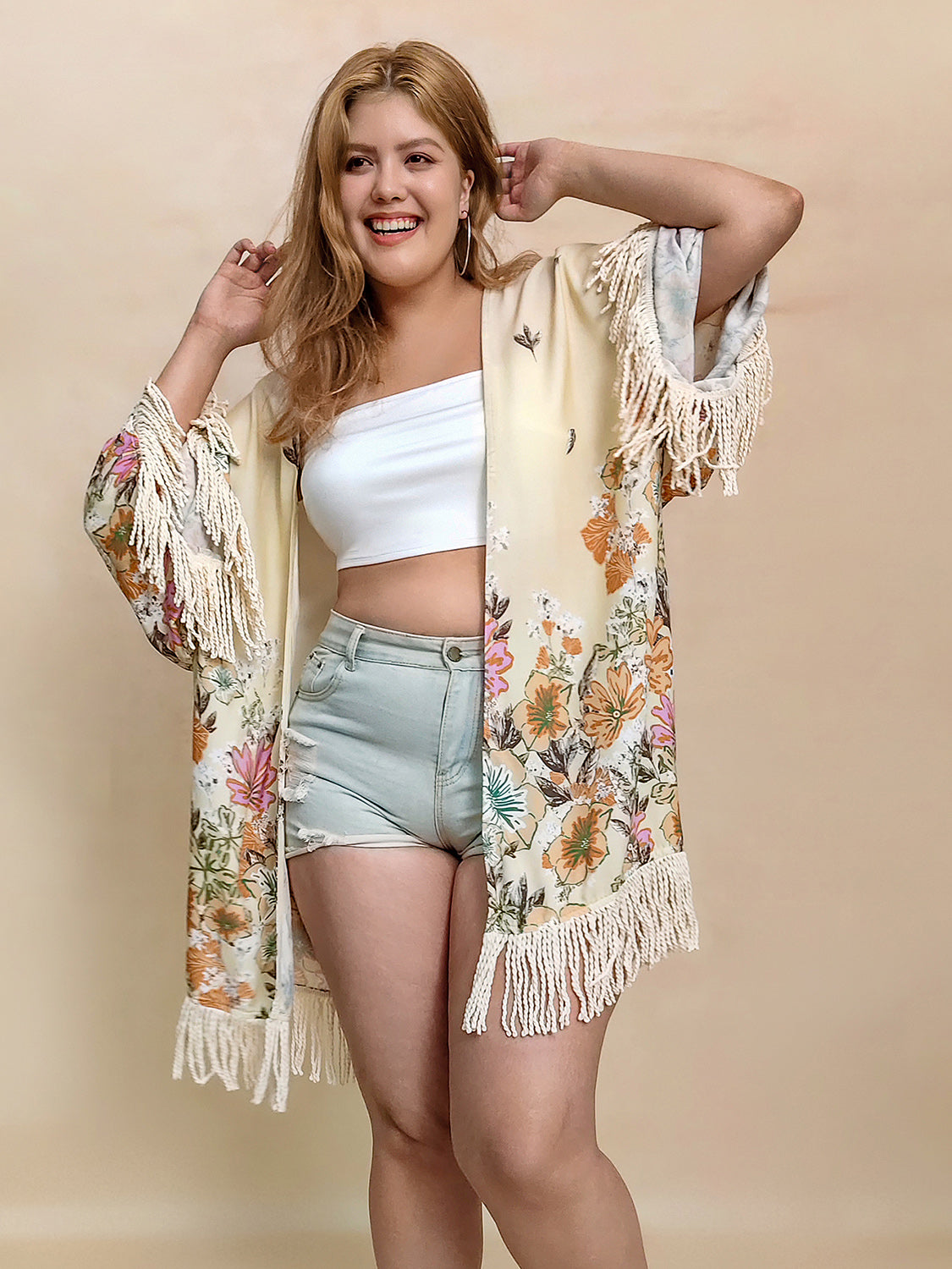 Plus Size Fringe Printed Open Front Cardigan-TOPS / DRESSES-[Adult]-[Female]-2022 Online Blue Zone Planet