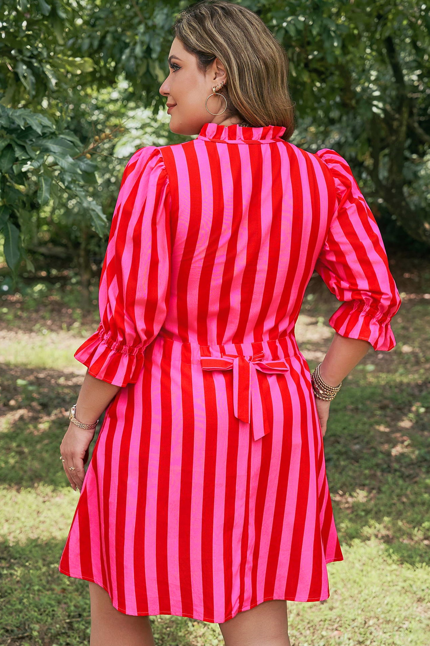 Rose Stripe Frilled Collar Button Neck Short Sleeve Curvy Mini Dress-TOPS / DRESSES-[Adult]-[Female]-2022 Online Blue Zone Planet