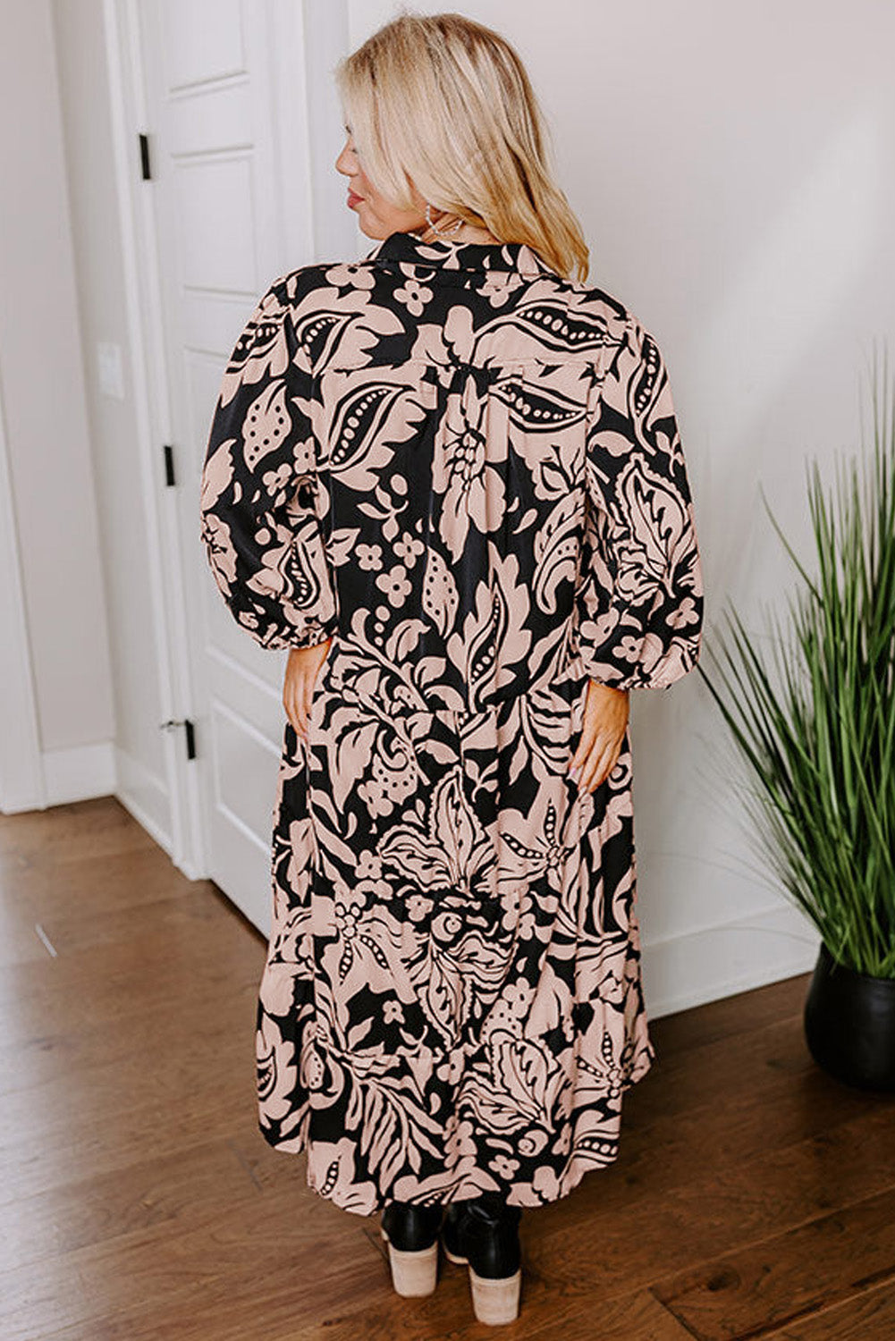 Black Plus Size Floral Printed Puff Sleeve Collared Maxi Dress-Plus Size/Plus Size Dresses/Plus Size Maxi Dresses-[Adult]-[Female]-2022 Online Blue Zone Planet