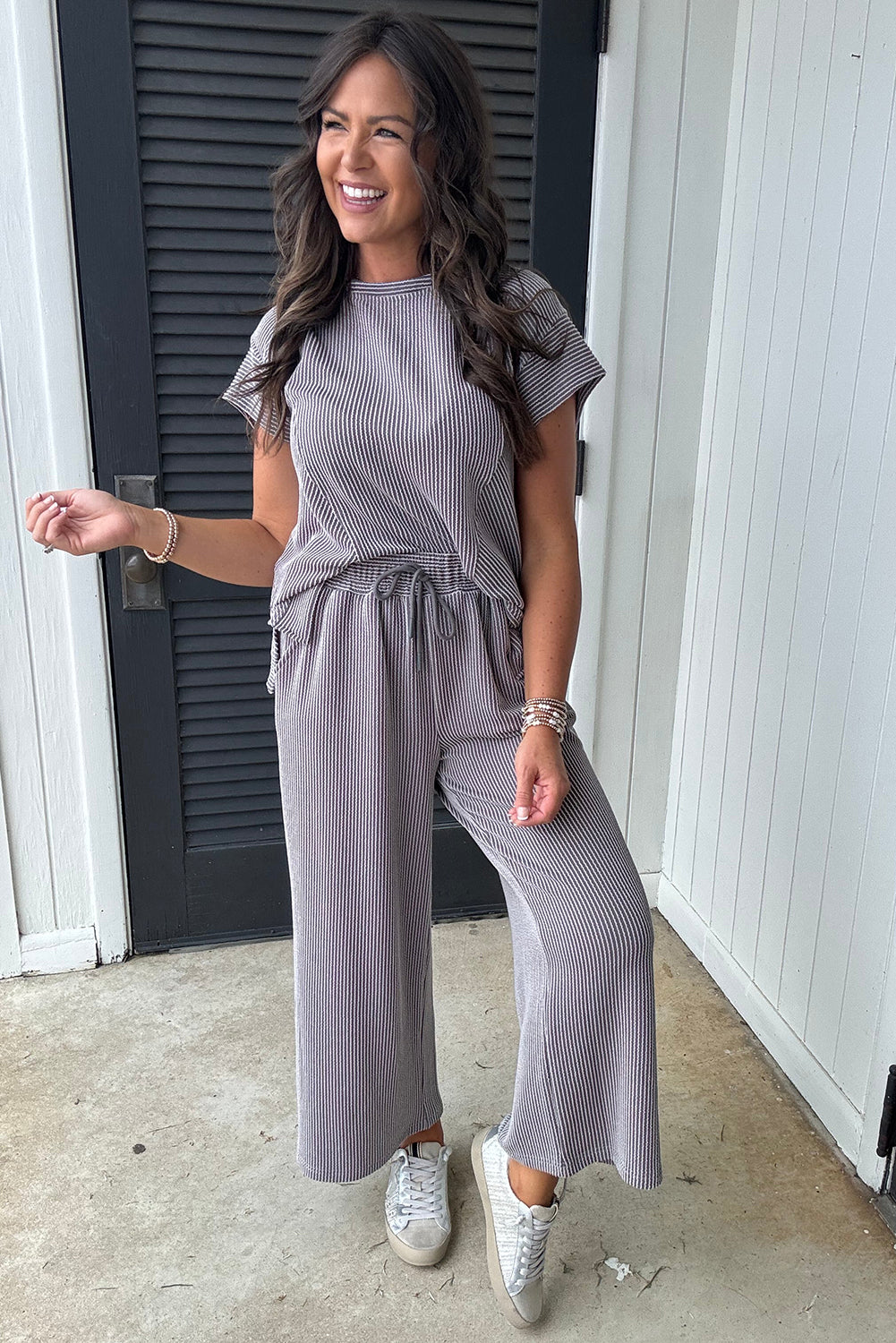 Wild Wind Solid Corded Knit Short Sleeve T Shirt and Wide Leg Pants Set-Two Piece Sets/Pant Sets-[Adult]-[Female]-2022 Online Blue Zone Planet