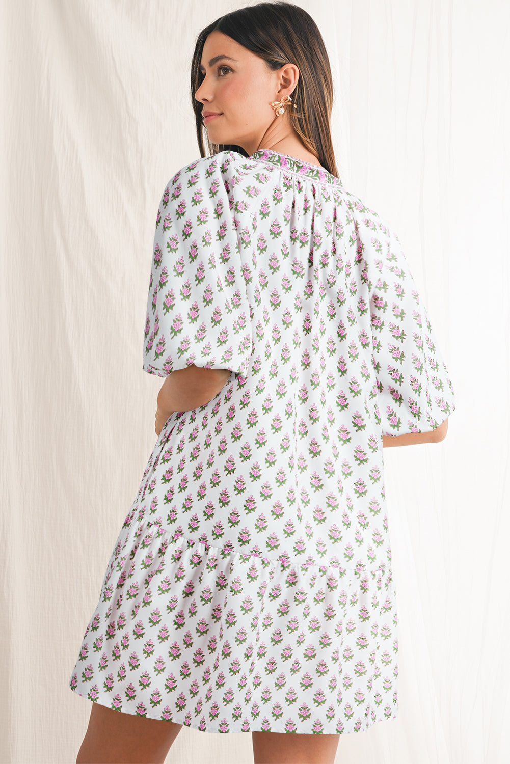 Pink Floral Print Bubble Sleeve Neck Tie Ruffled Dress-Dresses/Floral Dresses-[Adult]-[Female]-2022 Online Blue Zone Planet