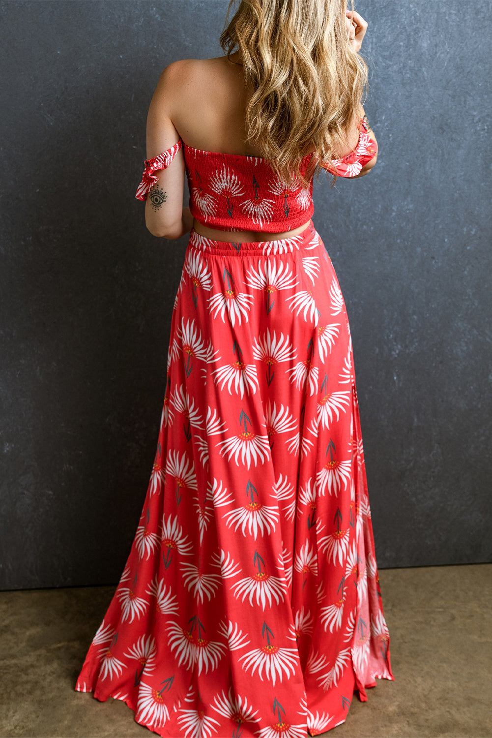 Red Floral Shirred Off Shoulder Crop Top and Slit Maxi Skirt Set-Two Piece Sets/Two Piece Dresses-[Adult]-[Female]-2022 Online Blue Zone Planet