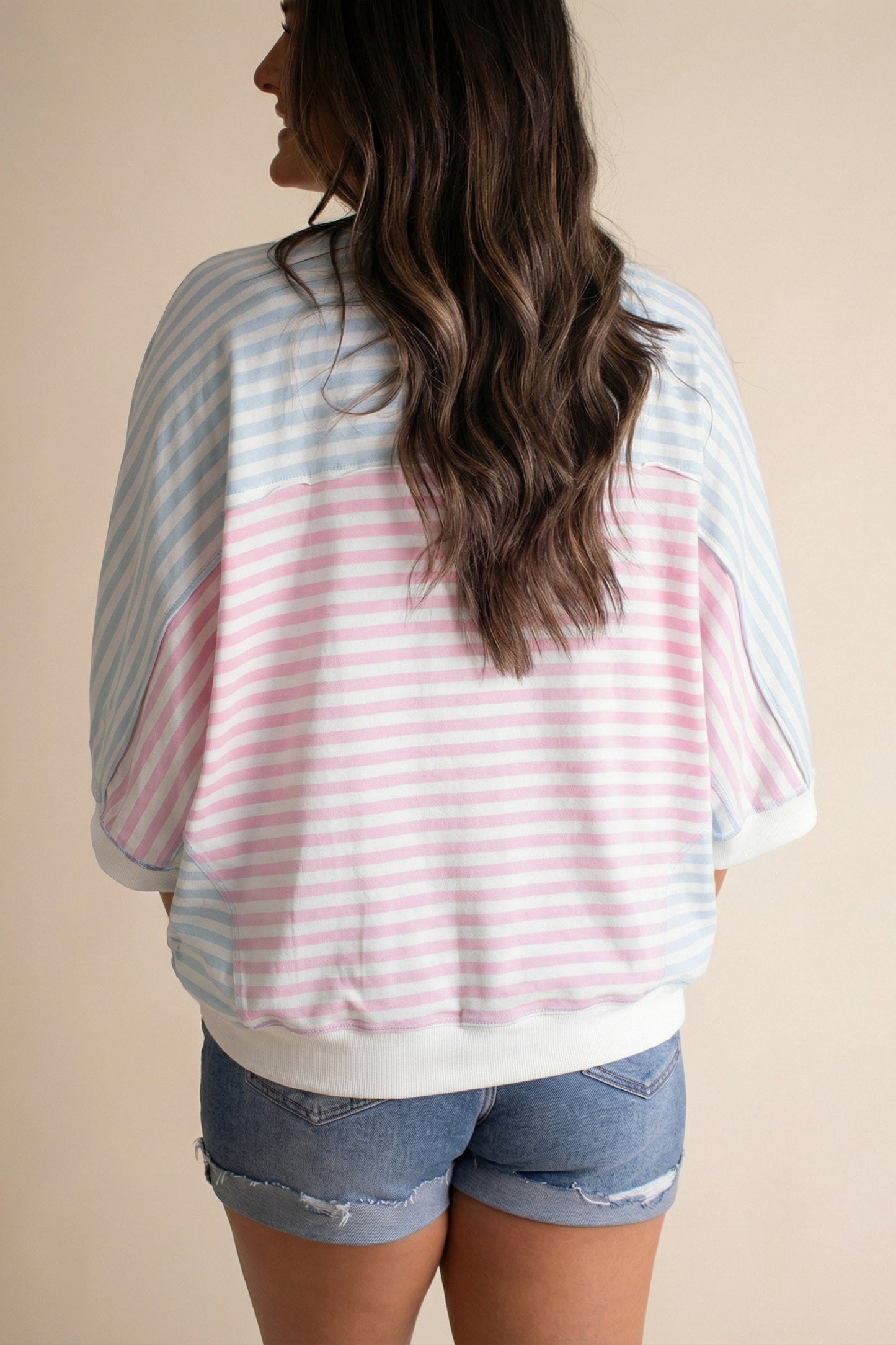 Casual Stripe Oversize Dolman Sleeve Patchwork T Shirt-Tops/Tops & Tees-[Adult]-[Female]-2022 Online Blue Zone Planet