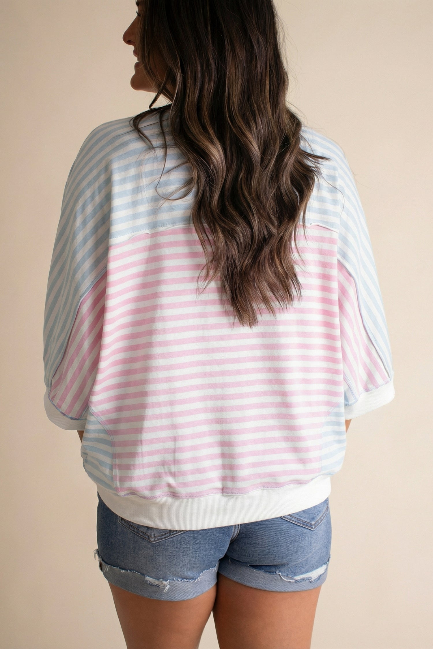 Casual Stripe Oversize Dolman Sleeve Patchwork T Shirt-Tops/Tops & Tees-[Adult]-[Female]-2022 Online Blue Zone Planet
