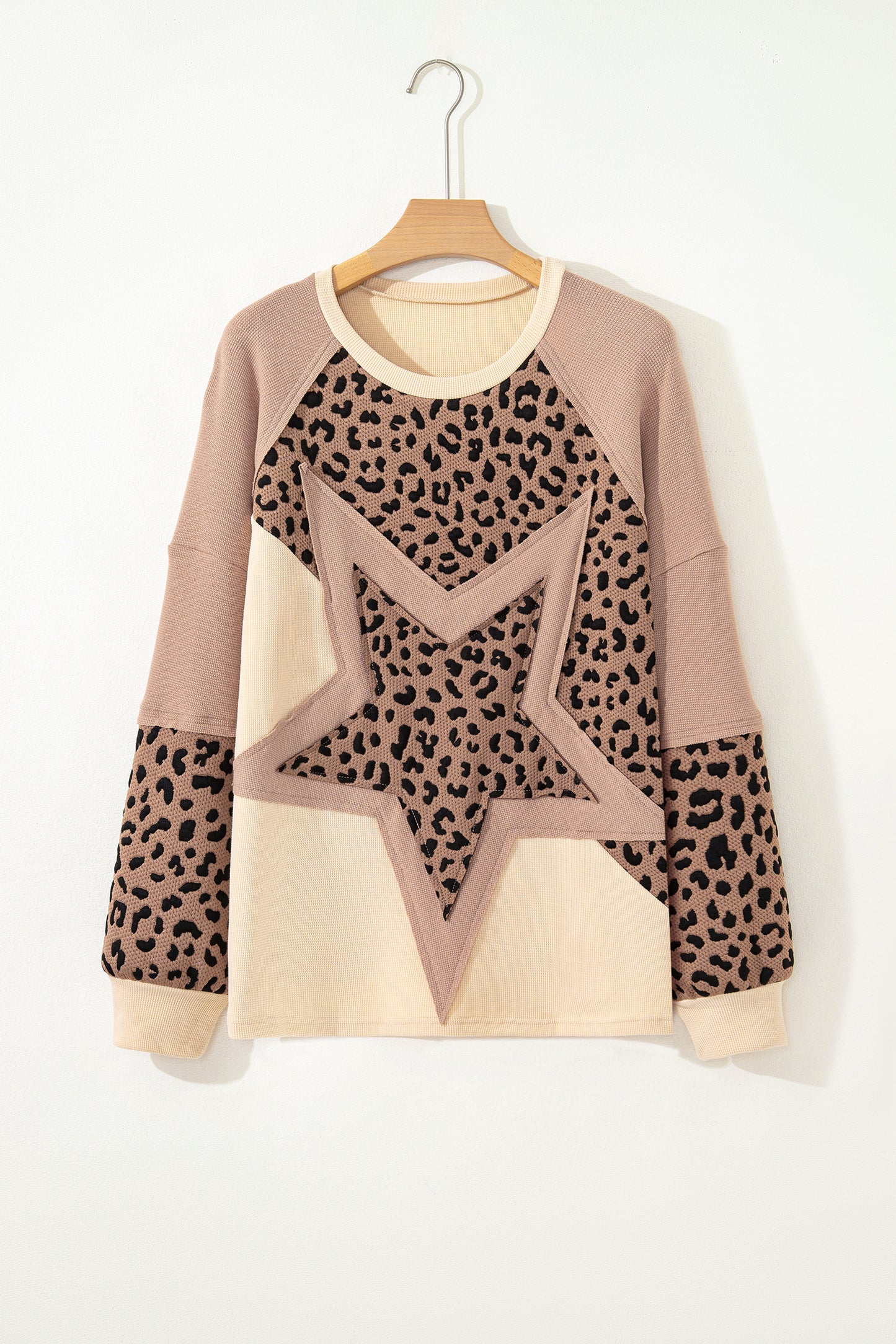 Light French Beige Leopard Star Color Block Patchwork Textured Baggy Sweatshirt-Tops/Sweatshirts & Hoodies-[Adult]-[Female]-2022 Online Blue Zone Planet