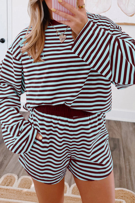 Brown Stripe Relaxed Long Sleeve Top Contrast Elastic Waistband Short Set-Two Piece Sets/Short Sets-[Adult]-[Female]-Brown Stripe-S-2022 Online Blue Zone Planet