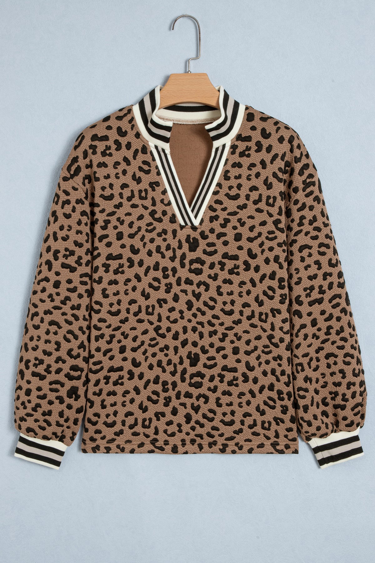Brown Leopard Print Striped Trim Collar Long Sleeve Shift Pullover-Tops/Long Sleeve Tops-[Adult]-[Female]-2022 Online Blue Zone Planet