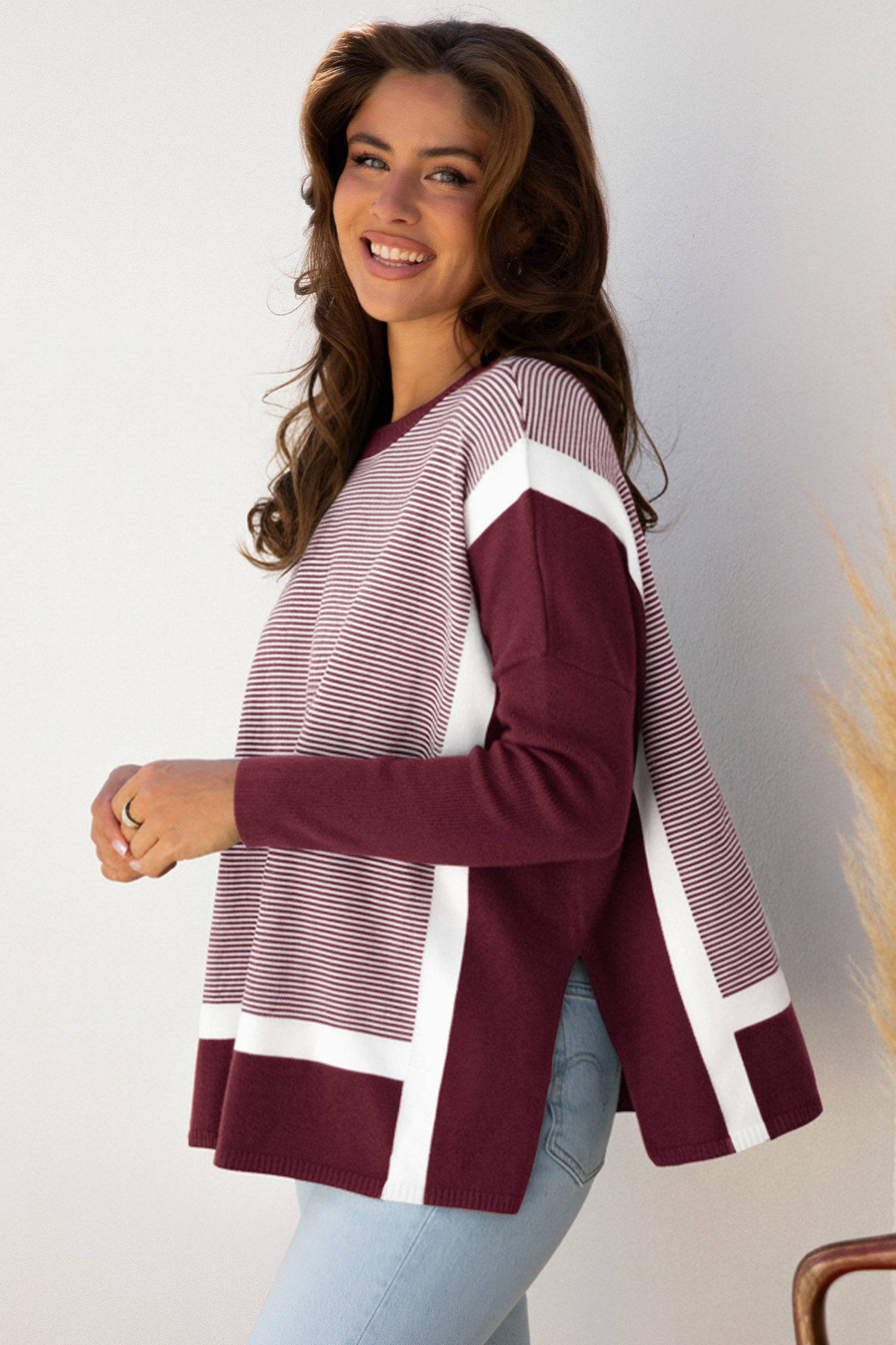 Green Stripe Color Block Patchwork Dolman Oversize Tunic Sweater-Sweaters & Cardigans/Sweaters-[Adult]-[Female]-2022 Online Blue Zone Planet