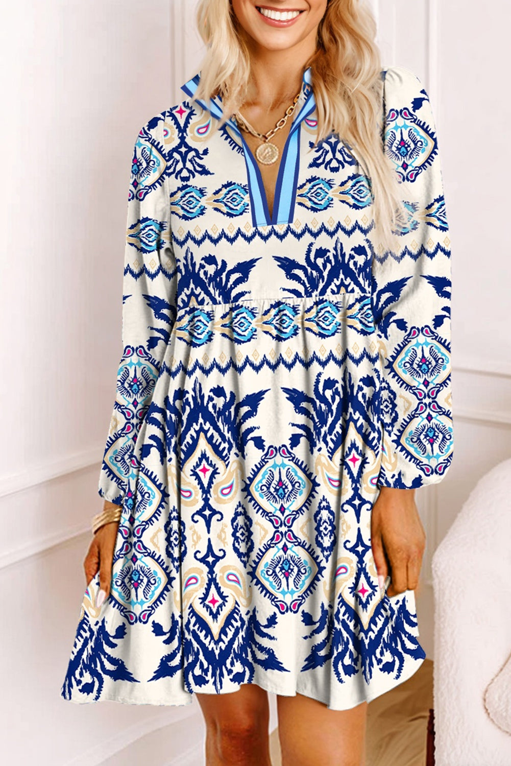 Blue Ethnic Print Striped Split Neck Long Sleeve Flowy Mini Dress Blue / M / 100%Polyester by Blue Zone Planet Blue Ethnic Print Striped Split Neck Long Sleeve Flowy Mini Dress Blue / M / 100%Polyester by Blue Zone Planet