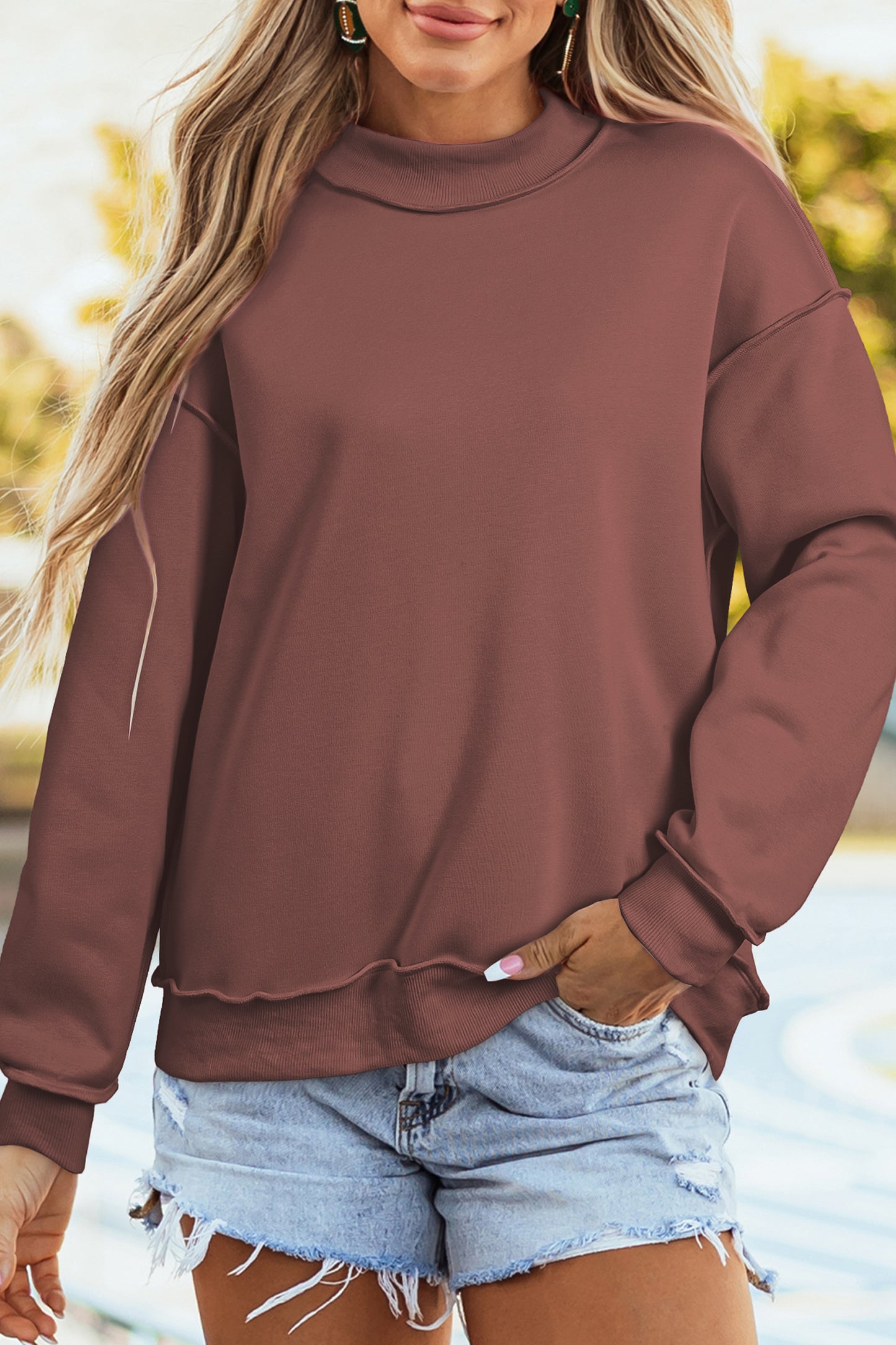 Red Dahlia Oversize Drop Shoulder Reversible Mock Neck Sweatshirt