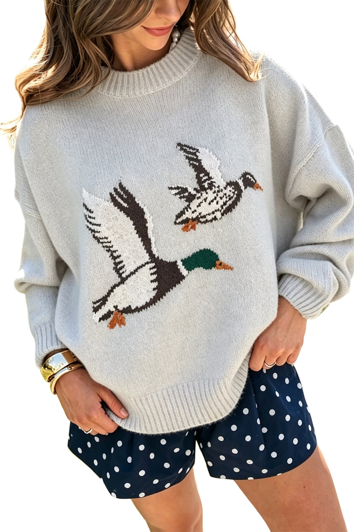Laurel Green Flying Mallard Pattern Round Neck Drop Shoulder Knit Sweater-TOPS / DRESSES-[Adult]-[Female]-2022 Online Blue Zone Planet