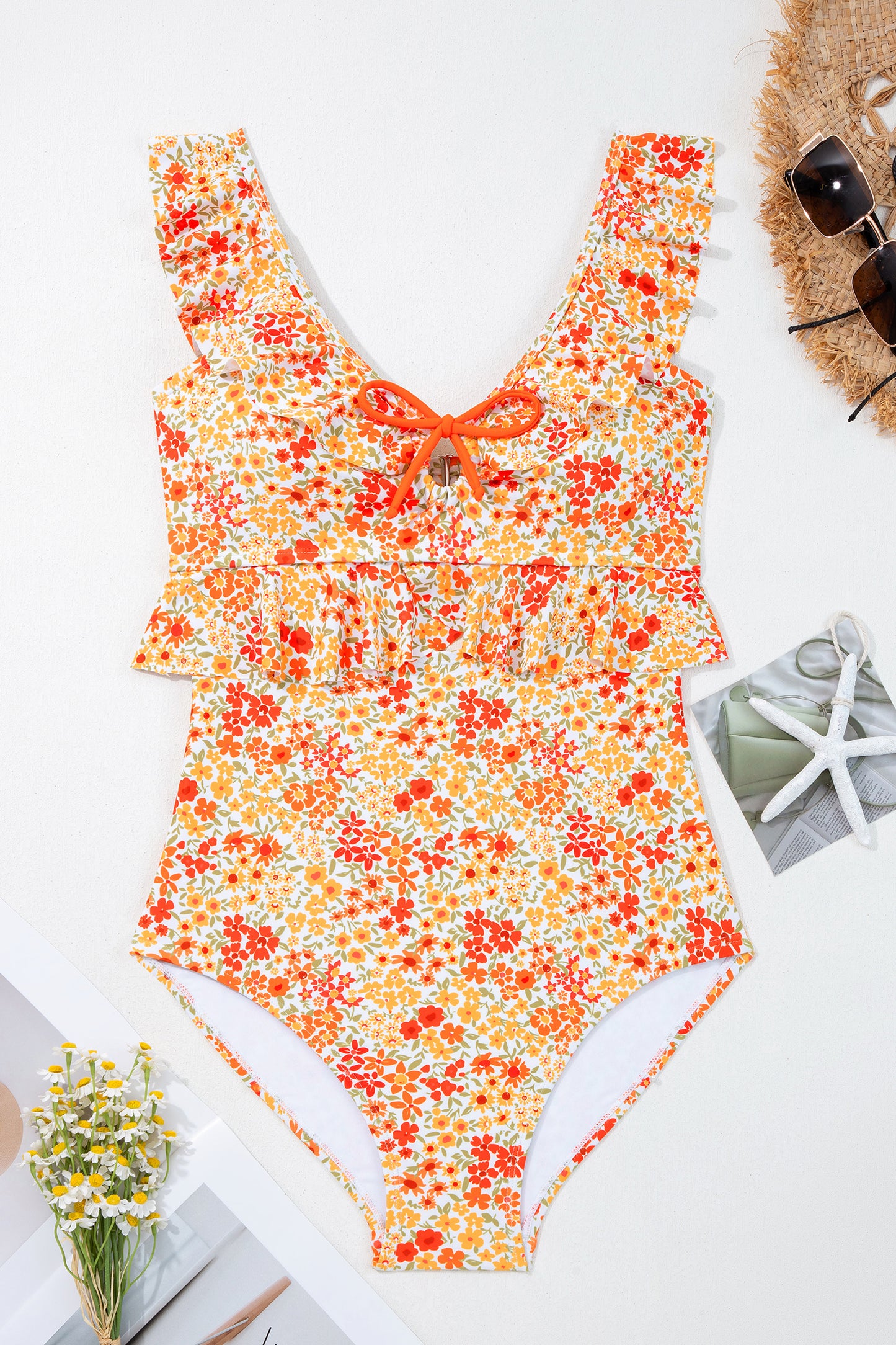 Orange Ruffled Trim Keyhole Accent Floral One Piece Swimsuit-Swimwear/One Piece Swimsuit-[Adult]-[Female]-2022 Online Blue Zone Planet