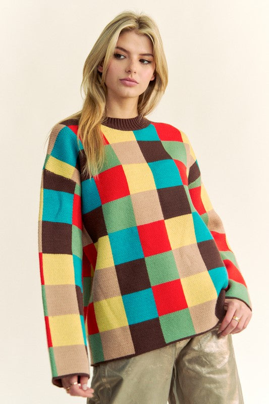 Davi & Dani Color Block Checkered Dropped Shoulder Sweater-TOPS / DRESSES-[Adult]-[Female]-2022 Online Blue Zone Planet