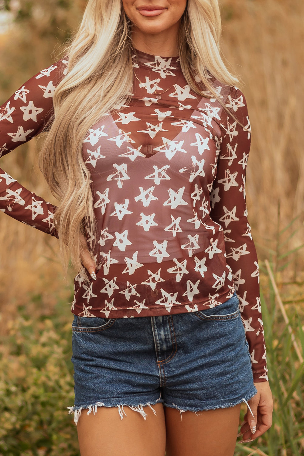 Red Mesh Star Print Mock Neck Sheath Long Sleeve Top-Tops/Long Sleeve Tops-[Adult]-[Female]-2022 Online Blue Zone Planet