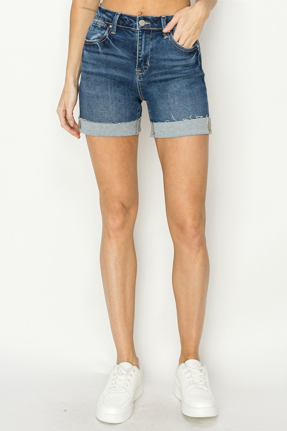 RISEN High Rise Cuffed Denim Shorts-BOTTOMS SIZES SMALL MEDIUM LARGE-[Adult]-[Female]-2022 Online Blue Zone Planet