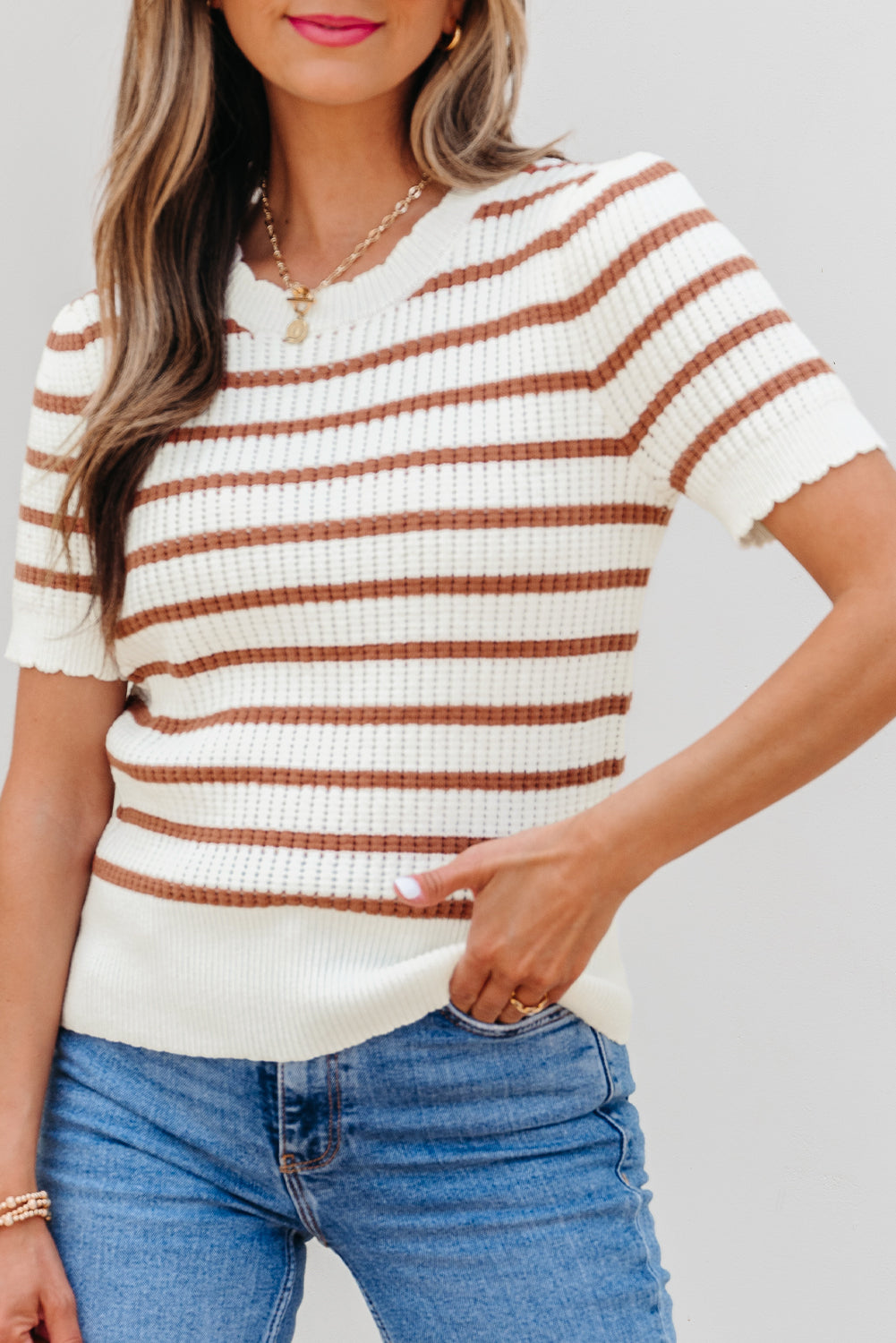 Khaki Stripe Scalloped Round Neck Short Sleeve Sweater-Sweaters & Cardigans/Short Sleeve Sweaters-[Adult]-[Female]-2022 Online Blue Zone Planet