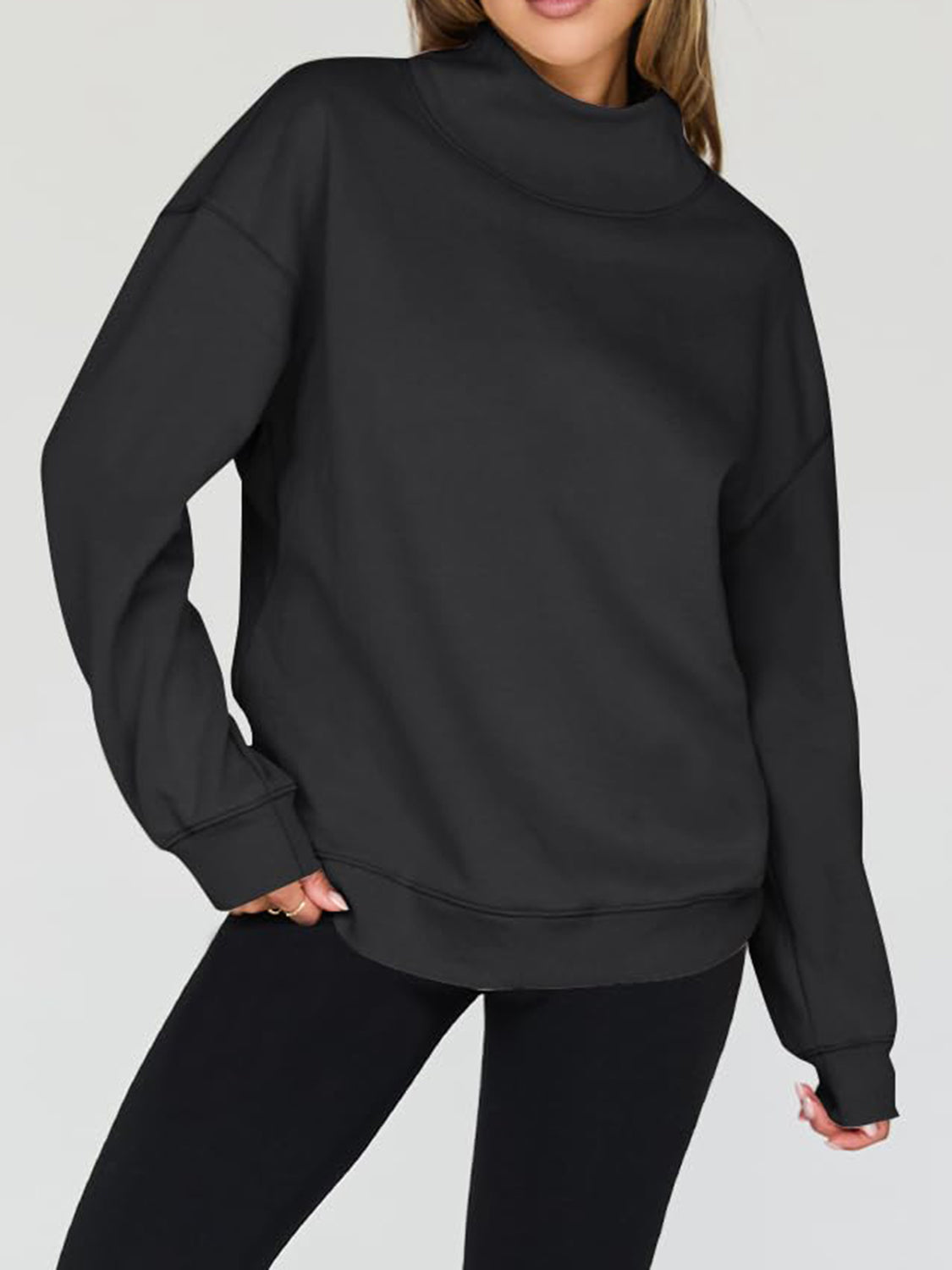 Blue Zone Planet | Mock Neck Drop Shoulder Long Sleeve Sweatshirt-TOPS / DRESSES-[Adult]-[Female]-Black-S-2022 Online Blue Zone Planet